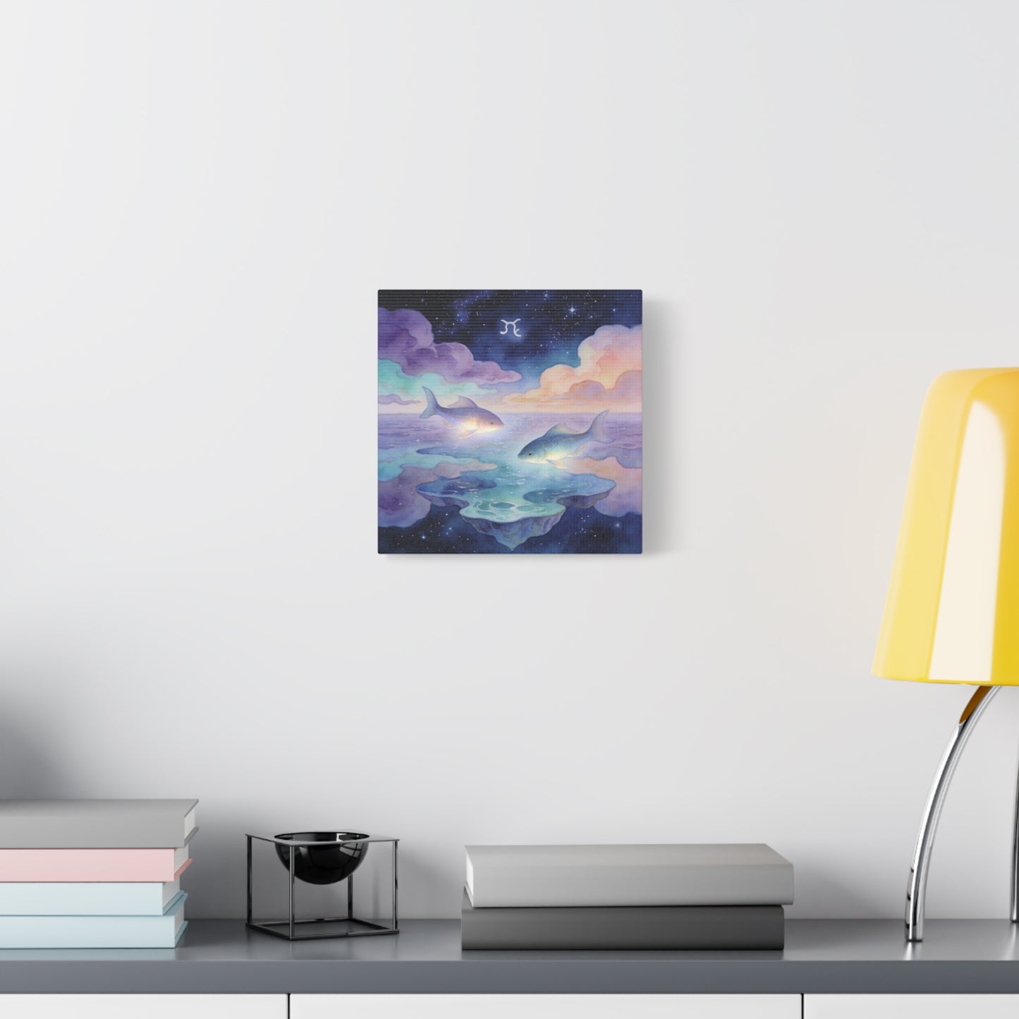 Pisces Zodiac Canvas Wall Art - Celestial Fish Over Dreamlike Sea, Watercolor Illustration - Mystical Night Sky, Matte Canvas Print - Bedroom Wall Decor, Meditation Space Accent - Ready to Hang