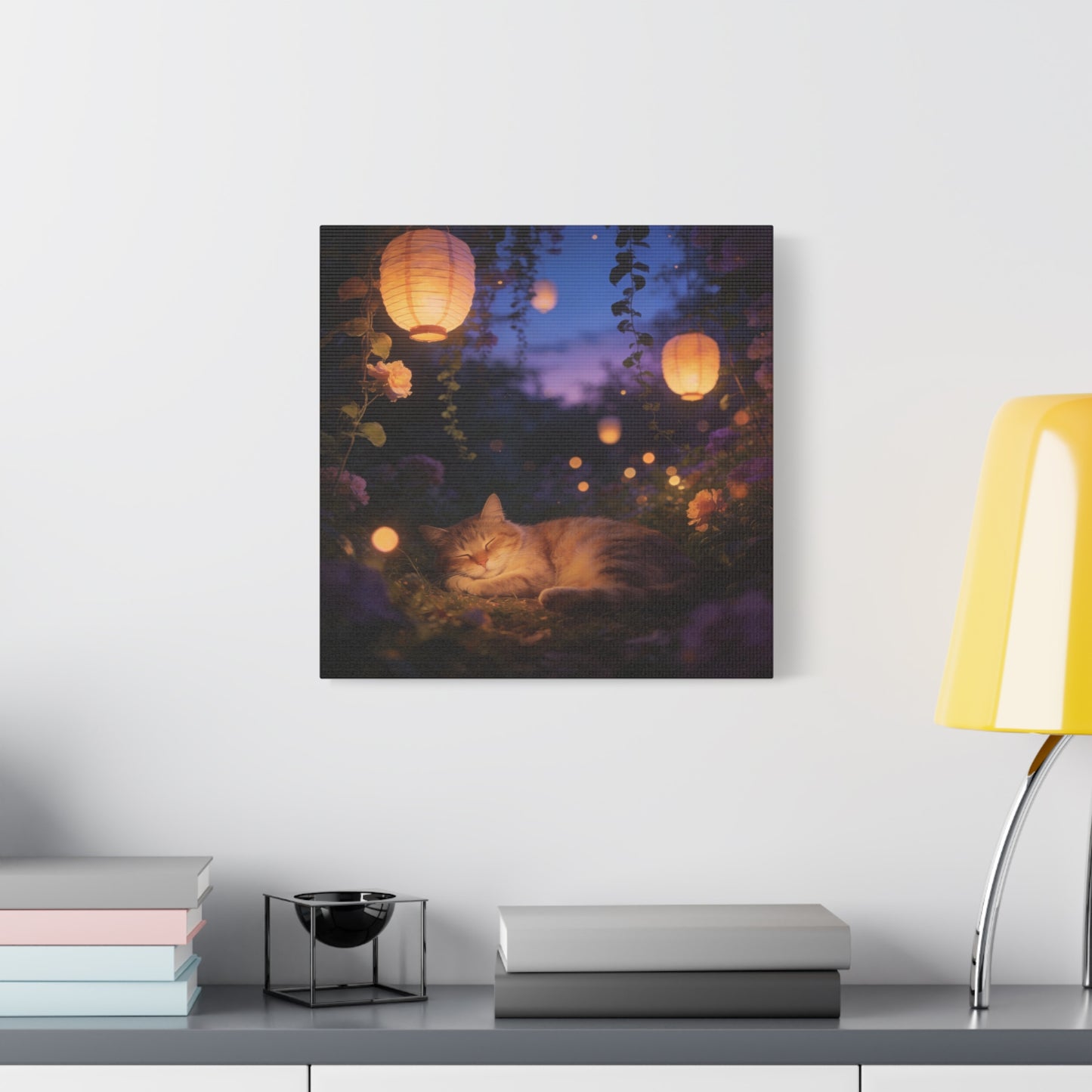 Sleeping Cat Canvas Wall Art - Lantern Lit Garden Night Scene, Dreamy Floral Canvas Print - Calming Cottagecore Style, Bedroom Wall Decor, Living Room Home Decoration - Bedroom Home Decoration