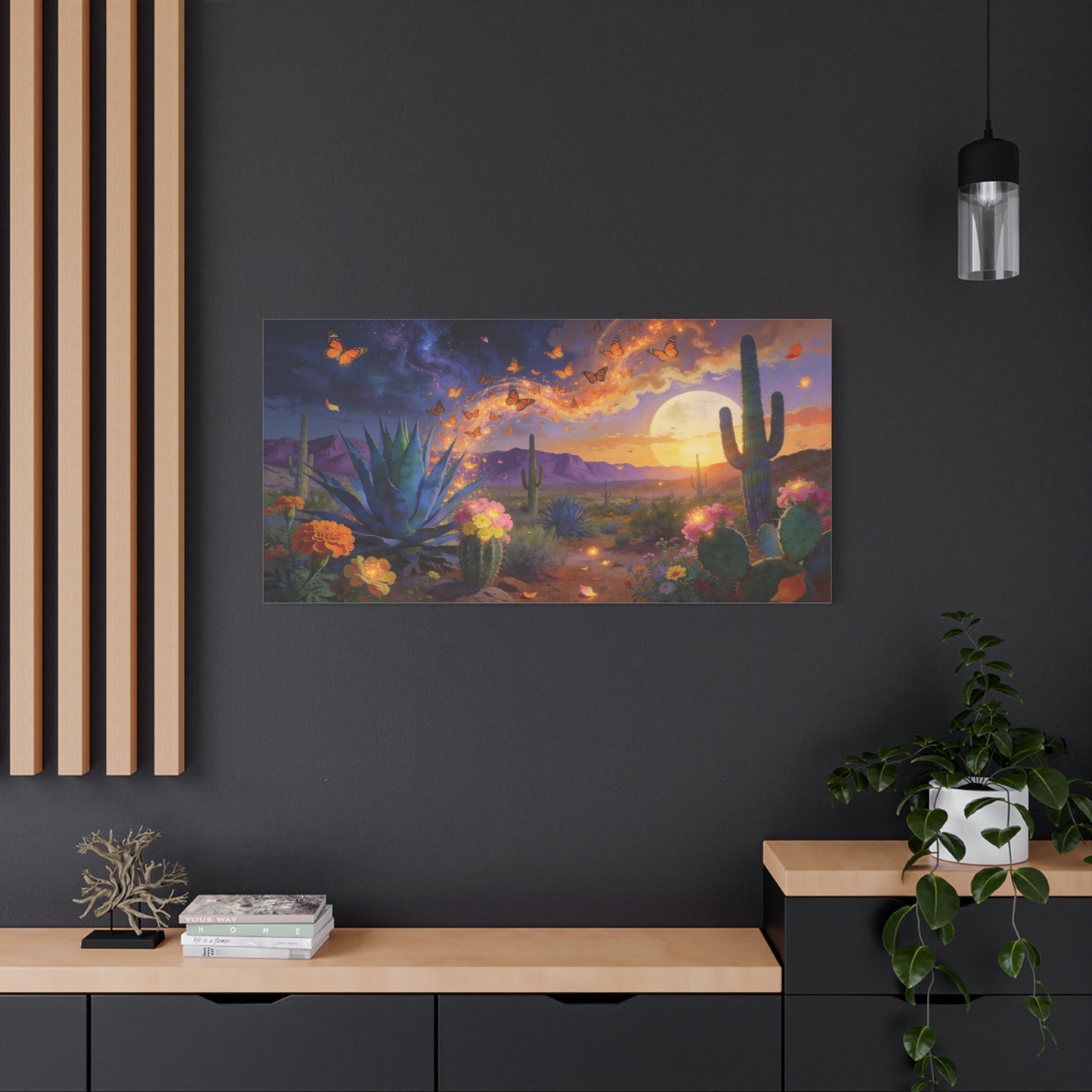 Desert Butterfly Canvas Wall Art - Moonlit Cactus Landscape, Agave And Wildflowers - Surreal Southwestern Style - Cotton Canvas Print - Living Room Wall Decor, Bedroom Accent - Bedroom Home Decoration