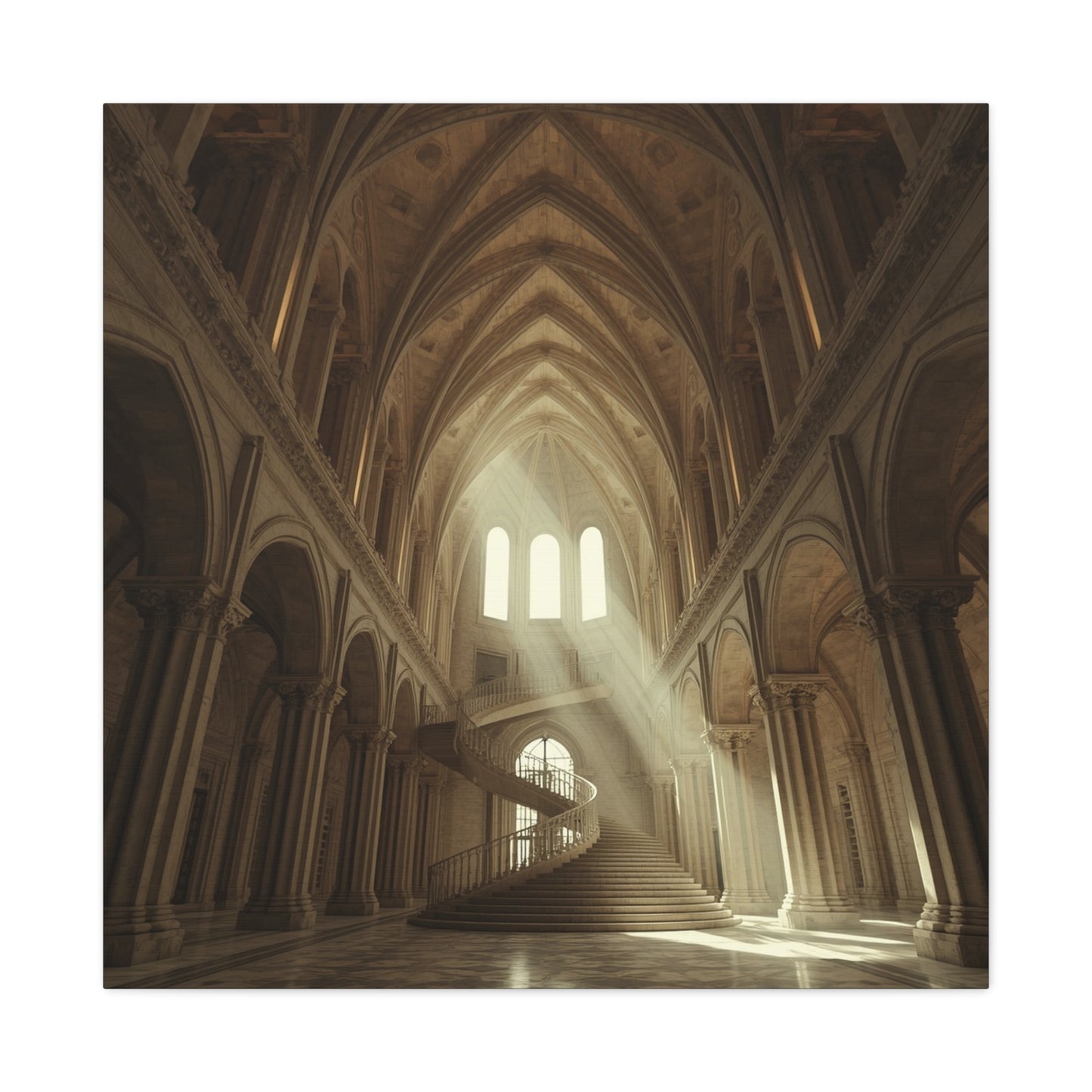 Gothic Cathedral Interior Canvas Wall Art - Sunlit Spiral Staircase, Religious Architecture Print - Matte Cotton Canvas - Traditional Style - Living Room Wall Decor, Office Art - Ready to Hang