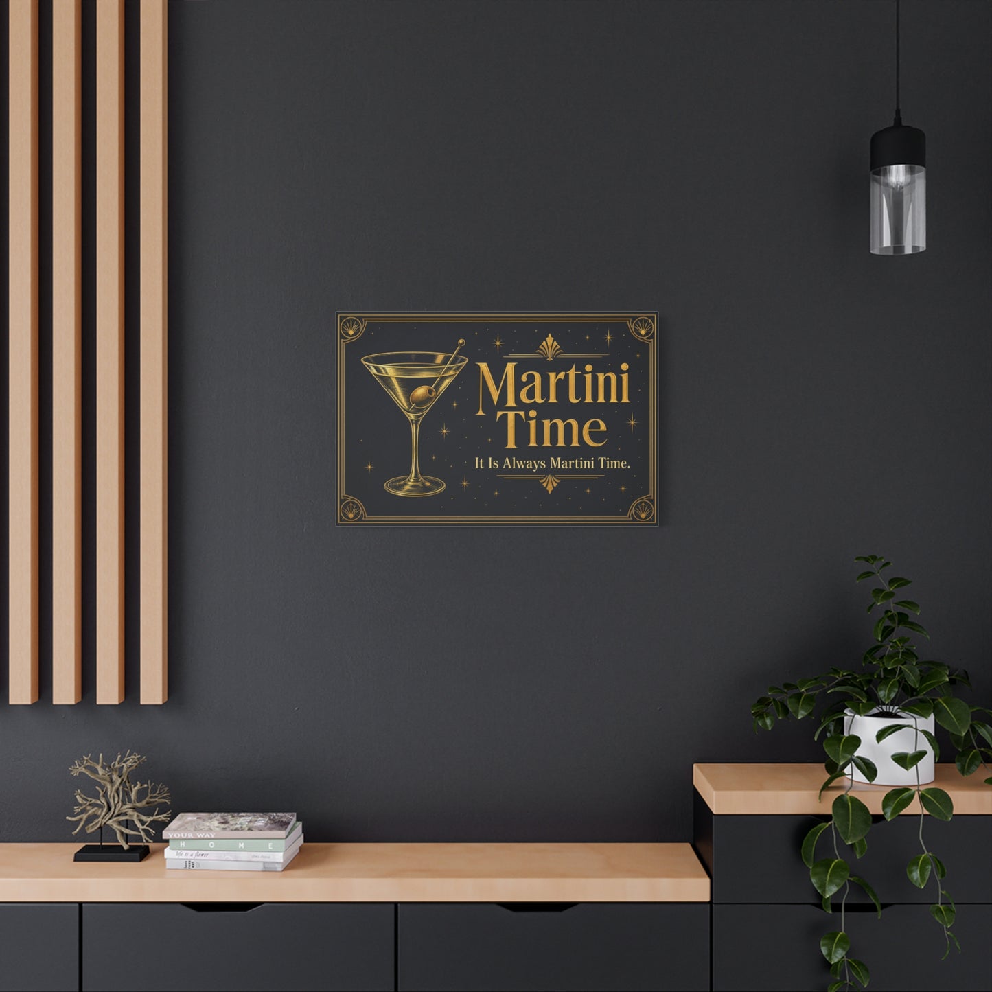 "Martini Time" Cocktail Canvas Wall Art - Art Deco Martini Glass Quote Print, Black And Gold Bar Cart Decor, Vintage Lounge Style - Ready to Hang - Ready to Hang - Tavern Wall Decor - HP Latex Print