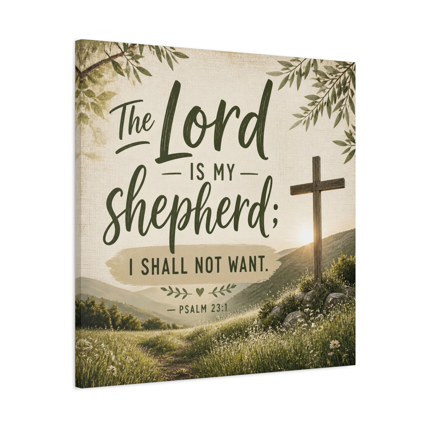 "The Lord Is My Shepherd, I Shall Not Want. - Psalm 23:1" Christian Canvas Wall Art - Rustic Cross Meadow Landscape, Farmhouse Scripture Decor, Bedroom Living Room Wall Hanging - Ready to Hang