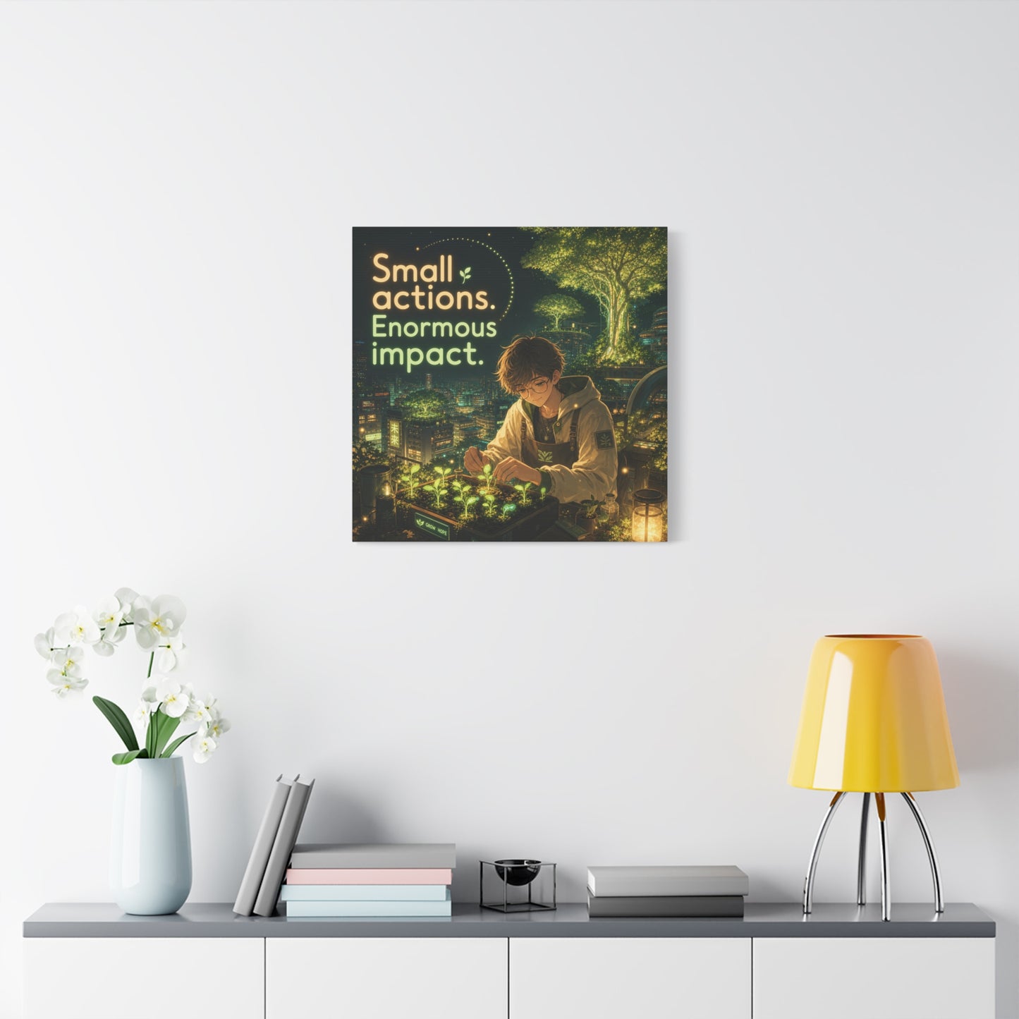 "Small Actions. Enormous Impact." Inspirational Canvas Wall Art - Anime Boy Gardening Cityscape - Glowing Green Night Illustration - Bedroom Home Decoration, Home Office Decor - Living Room Wall Decor