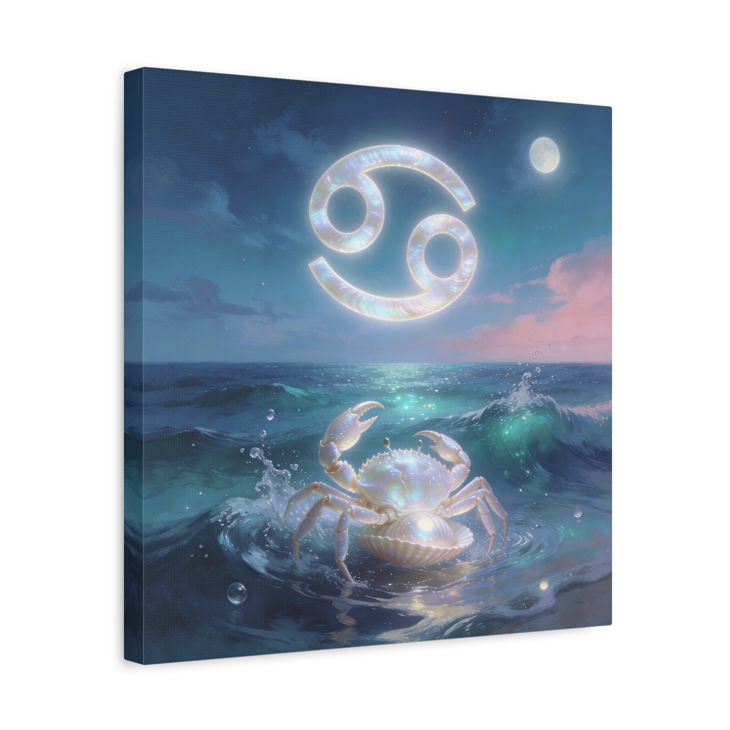 Cancer Zodiac Canvas Wall Art - Moonlit Ocean Crab, Iridescent Shell Symbol - Coastal Celestial Print, Dreamy Blue Seascape - Bedroom Home Decoration, Living Room Wall Decor - Bedroom Home Decoration