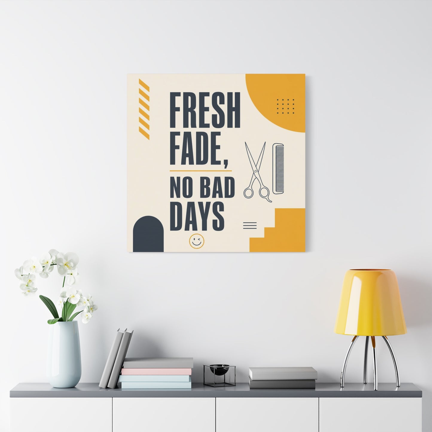 "Fresh Fade, No Bad Days" Barber Shop Canvas Wall Art - Scissors And Comb Typography Print - Modern Yellow Black Salon Decor - Workspace Wall Decor, Lobby Wall Art Accent - Gallery Wrapped Canvas