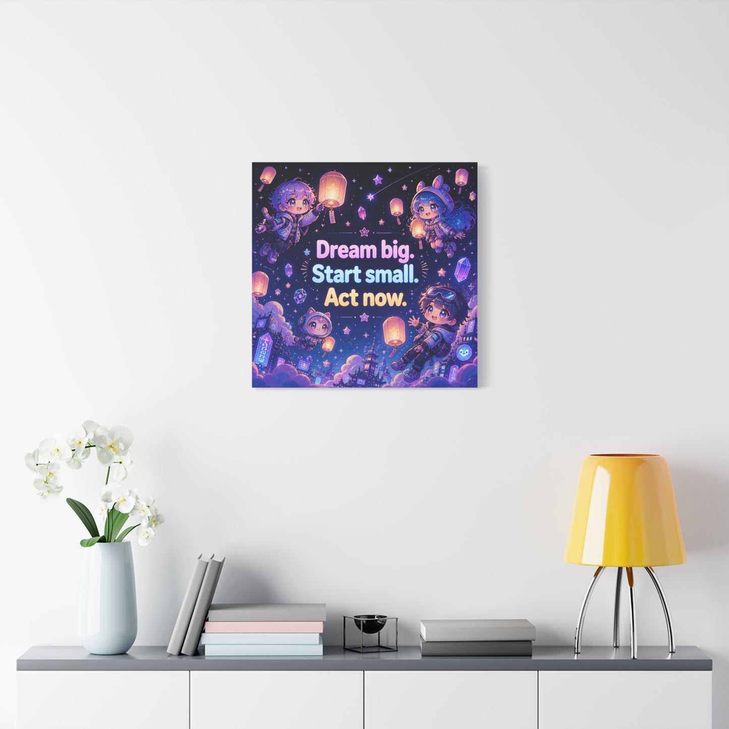 "Dream Big. Start Small. Act Now." Inspirational Canvas Wall Art - Kawaii Space Kids, Star Lantern Night Sky Quote Print - Neon Purple Blue Decor, Bedroom Home Decoration, Teen Room Accent