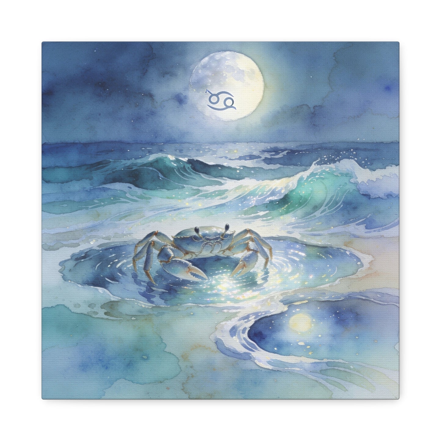 Cancer Zodiac Canvas Wall Art - Moonlit Ocean Crab Watercolor Print, Coastal Astrology Decor - Serene Blue Seascape - Bedroom Wall Decor, Meditation Space Accent, Bohemian Style - Ready to Hang