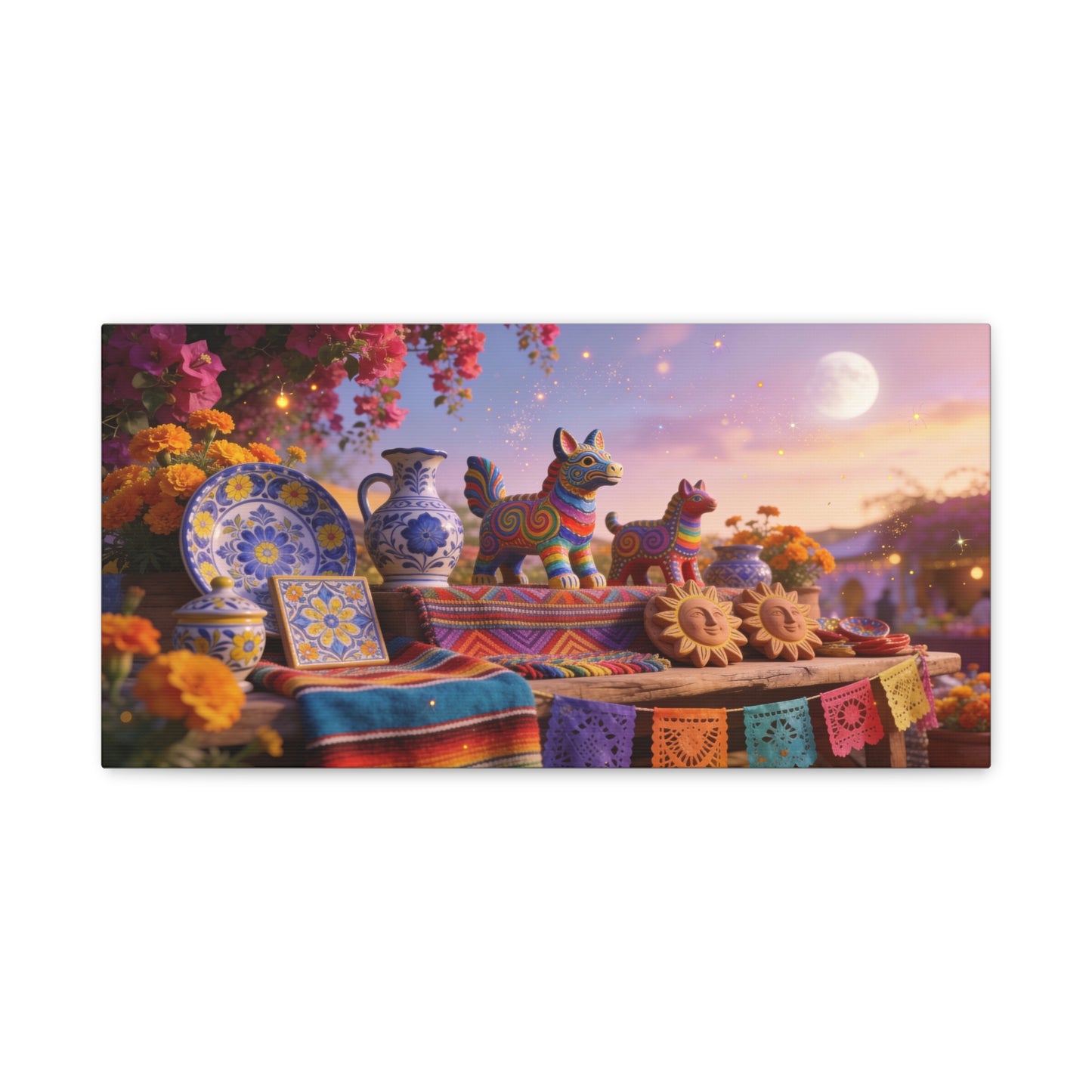Talavera Pottery Folk Art Canvas Wall Art - Colorful Mexican Table Still Life, Moonlit Fiesta Decor - Matte Cotton Print - Bohemian Living Room Wall Decor, Dining Room Accent - Bedroom Home Decoration