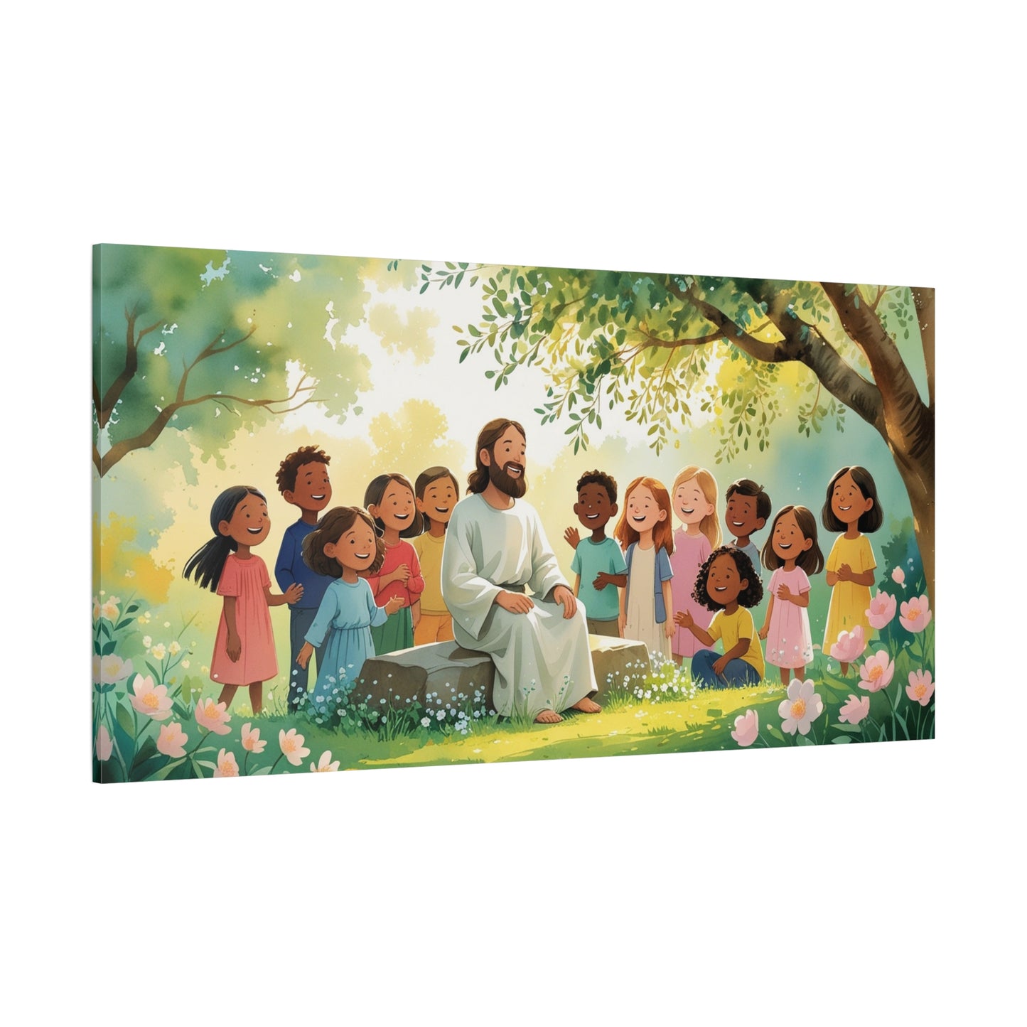 Jesus With Children Canvas Wall Art - Sunlit Garden Faith Illustration, Christian Nursery Decor, Matte Cotton Print, Traditional Style - Kids Room, Classroom, Living Room Wall Decor - Ready to Hang