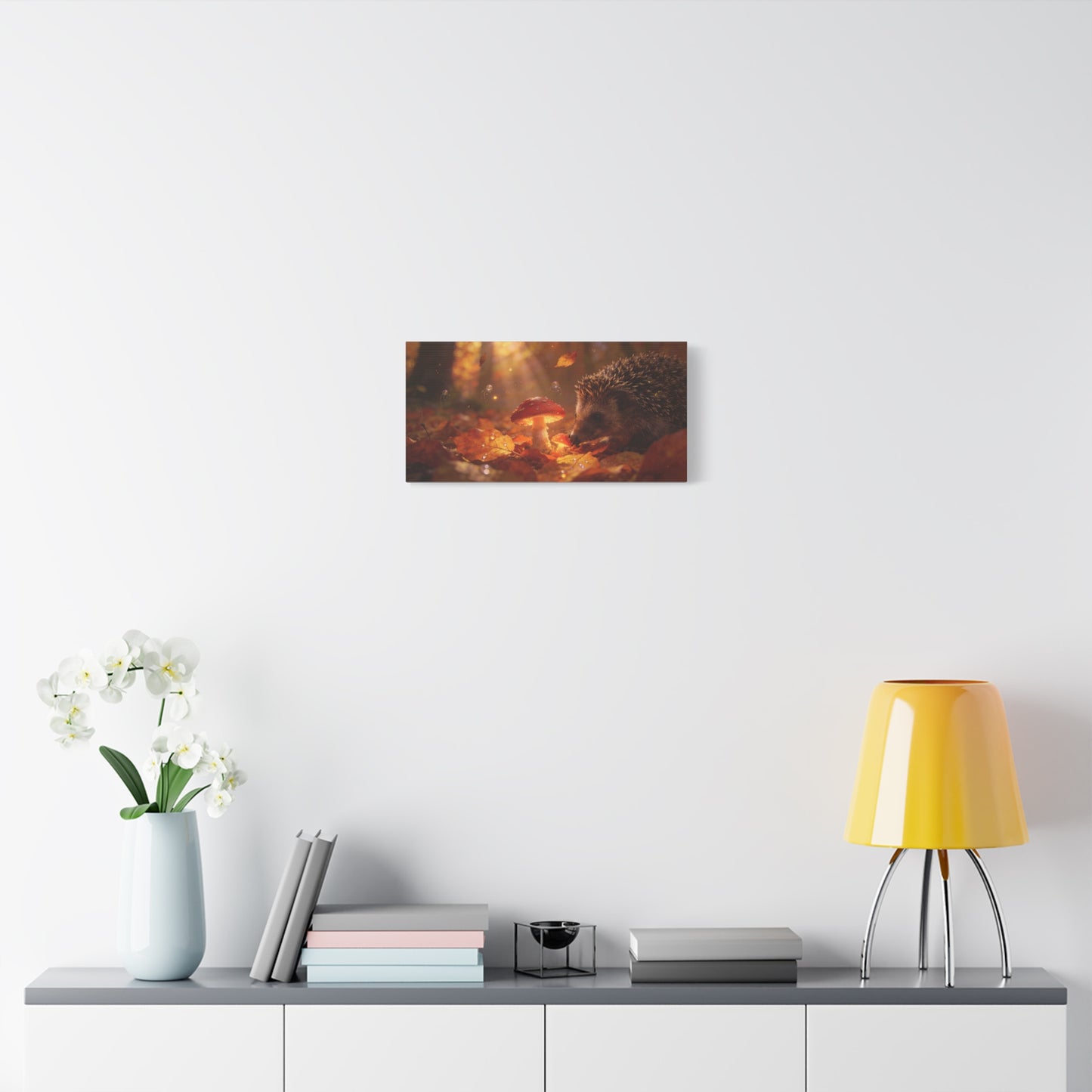 Hedgehog Mushroom Canvas Wall Art - Autumn Forest Wildlife Canvas Print, Glowing Red Toadstool, Warm Golden Light, Whimsical Nature Decor, Living Room Wall Decor, Bedroom Accent - Ready to Hang