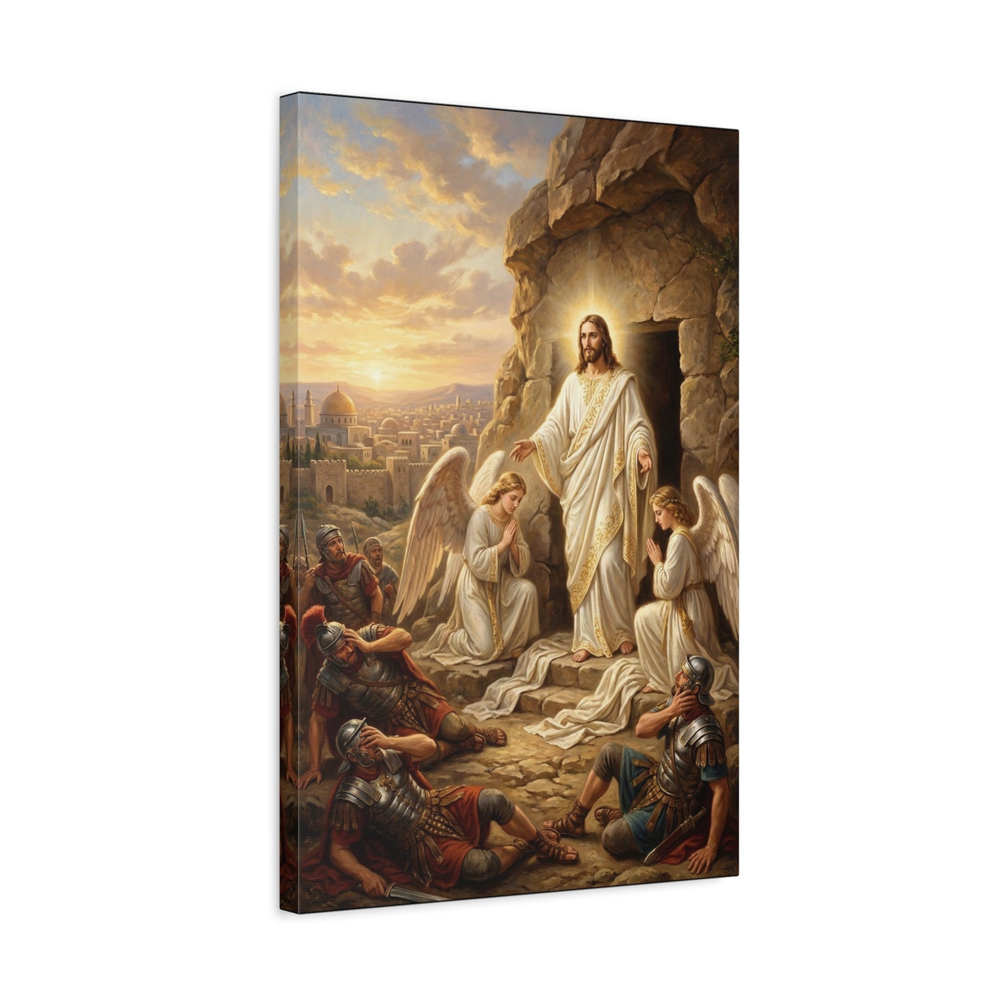 Jesus Christ Resurrection Canvas Wall Art - Empty Tomb, Angels, Roman Soldiers - Traditional Religious Print, Golden Dawn Scene - Living Room Wall Decor, Bedroom Home Decoration - Ready to Hang