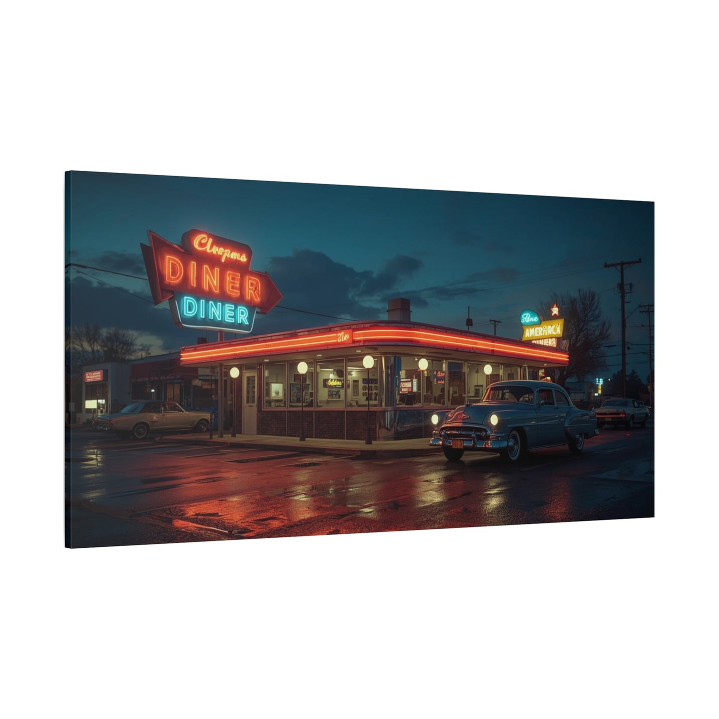 Neon Diner Canvas Wall Art - Retro American Diner Night Scene, Vintage Car Art Print - Moody Blue Glow, Contemporary Style - Living Room Wall Decor, Office Art - Bedroom Home Decoration