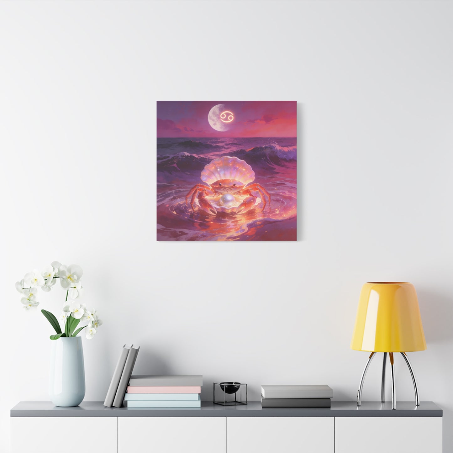 Cancer Zodiac Crab Canvas Wall Art - Moonlit Ocean Pearl Illustration, Pink Purple Seascape - Surreal Coastal Style - Living Room Wall Decor, Bedroom Home Decoration - Bedroom Home Decoration