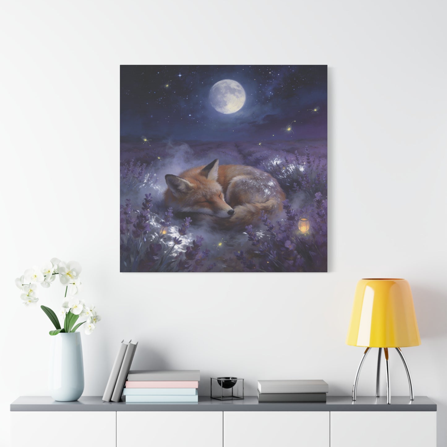 Sleeping Red Fox Canvas Wall Art - Moonlit Lavender Field, Fireflies, Starry Night Sky - Dreamy Woodland Animal Print - Matte Finish Canvas - Bedroom Wall Decor, Nursery Accent - Cozy Reading Nook Art