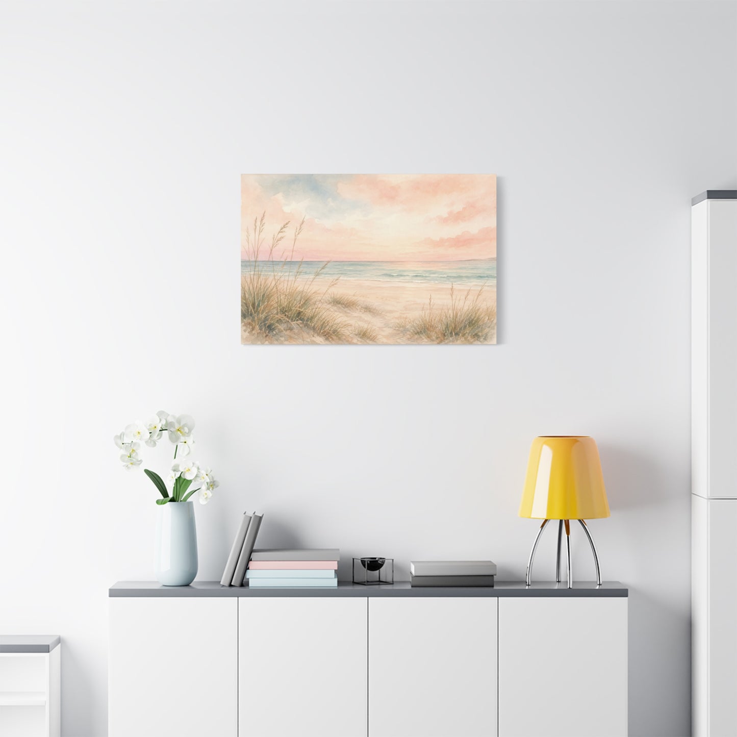 Pastel Beach Dune Canvas Wall Art - Coastal Seascape Sunset Shore Grass Print - Soft Pink Blue Watercolor - Bedroom Wall Decor, Living Room Home Decoration - Bedroom Home Decoration - Ready to Hang