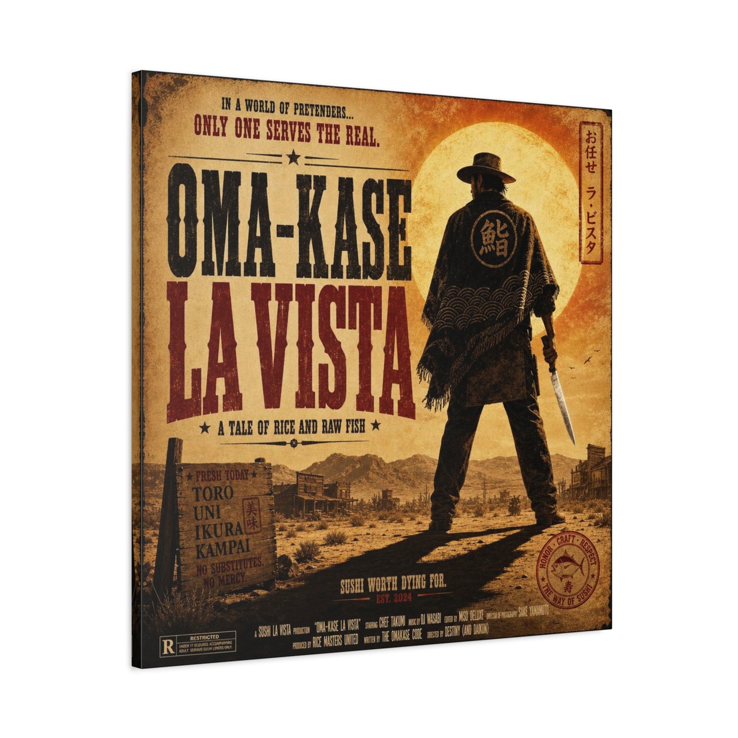 "In A World Of Pretenders... Only One Serves The Real. OMA-KASE LA VISTA" Canvas Wall Art - Vintage Western Sushi Poster, Typography Illustration, Rustic Office Decor, Cafe Accent Print
