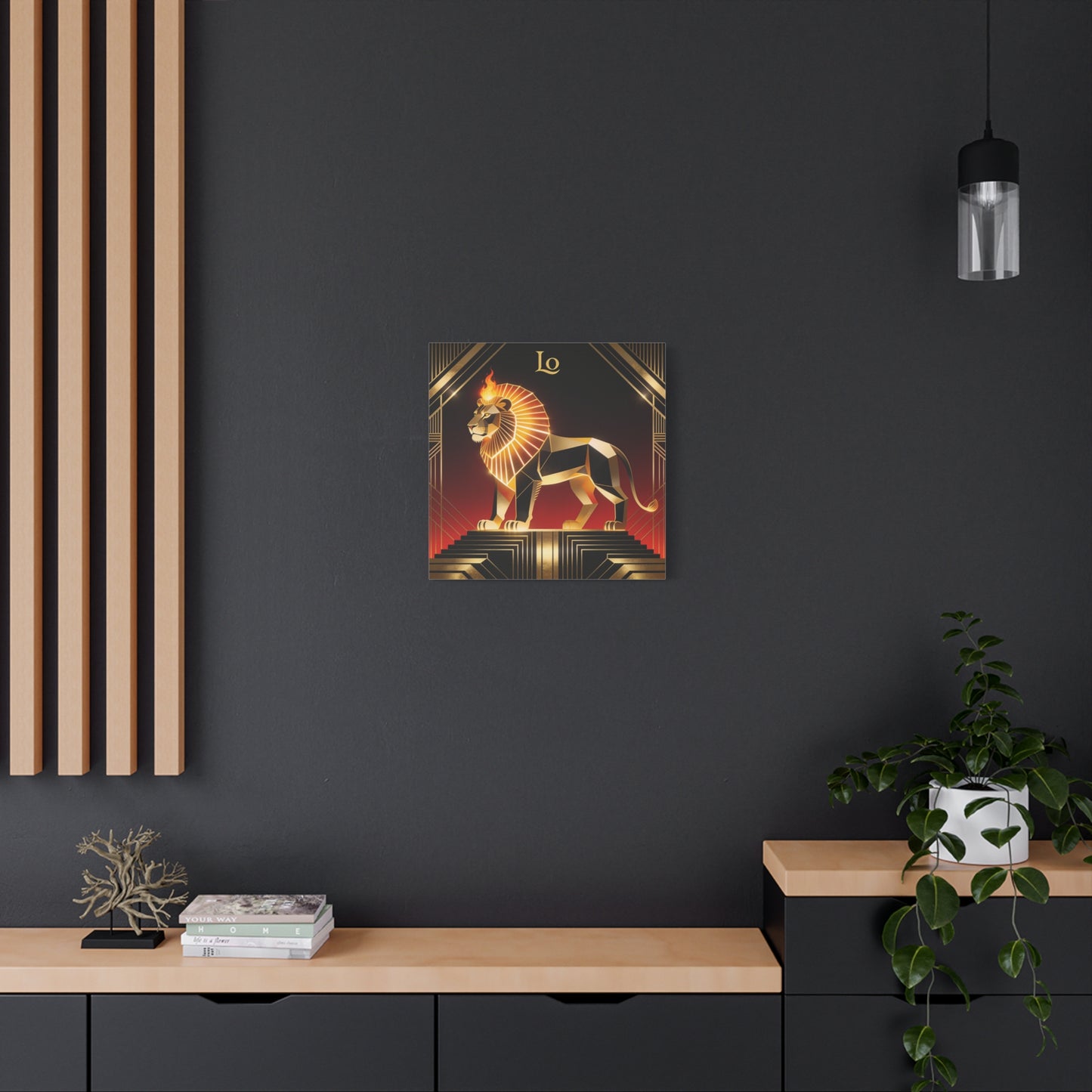 "Lo" Geometric Lion Canvas Wall Decor - Art Deco Gold Black Red Animal Print - Flaming Mane Illustration, Modern Luxe Interior Accent, Living Room Home Decoration - Living Room Wall Decor