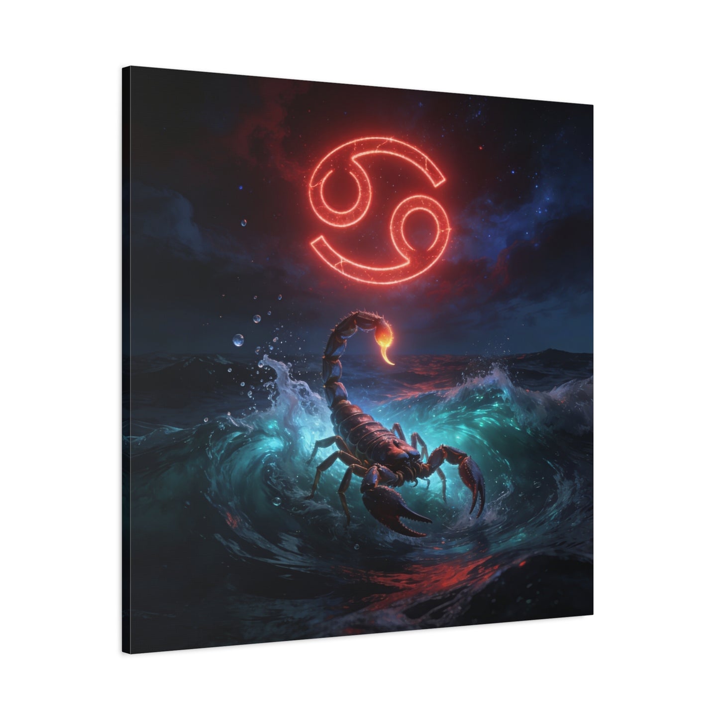 Cancer Zodiac Canvas Wall Art - Neon Crab Ocean Astrology Print, Celestial Night Seascape, Matte Canvas Decor, Bedroom Home Decoration, Living Room Wall Decor, Modern Space Style - Ready to Hang