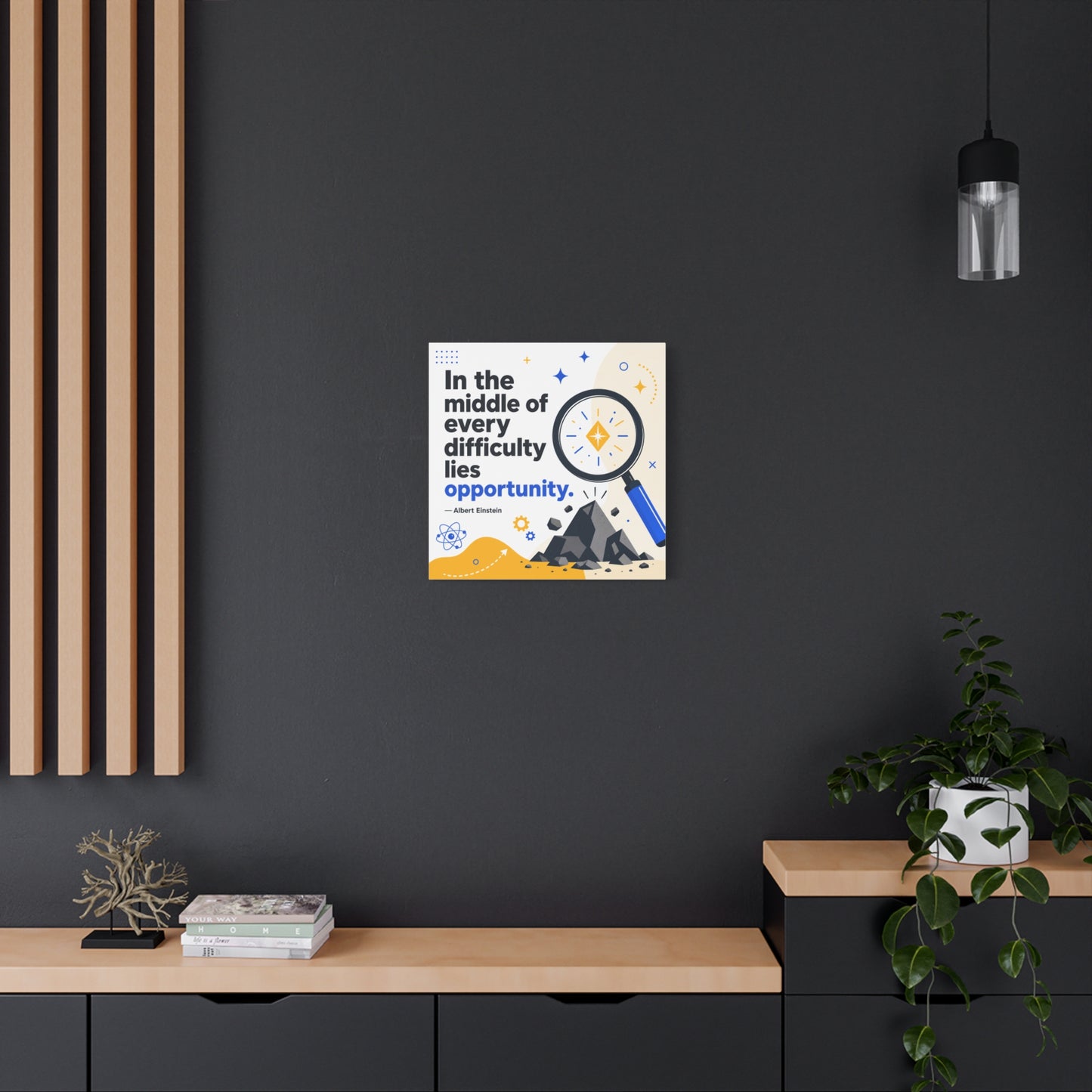 "In The Middle Of Every Difficulty Lies Opportunity." Einstein Canvas Wall Art - Motivational Quote Print, Blue Yellow Modern Typography, Office Decor, Classroom Inspiration, Study Room Accent