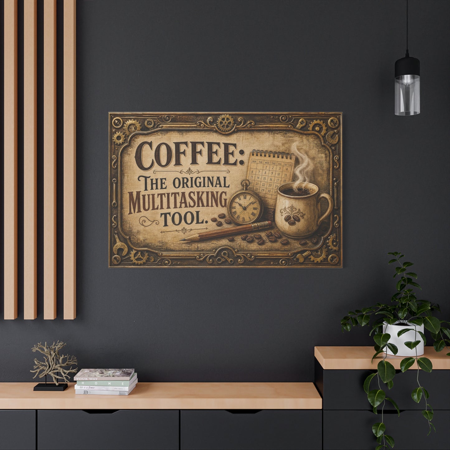 "Coffee: The Original Multitasking Tool." Canvas Wall Art - Vintage Coffee Cup Quote Print, Rustic Wall Decor, Steampunk Style, Cafe Accent - Ready to Hang - Bistro Decor - Espresso Bar Sign