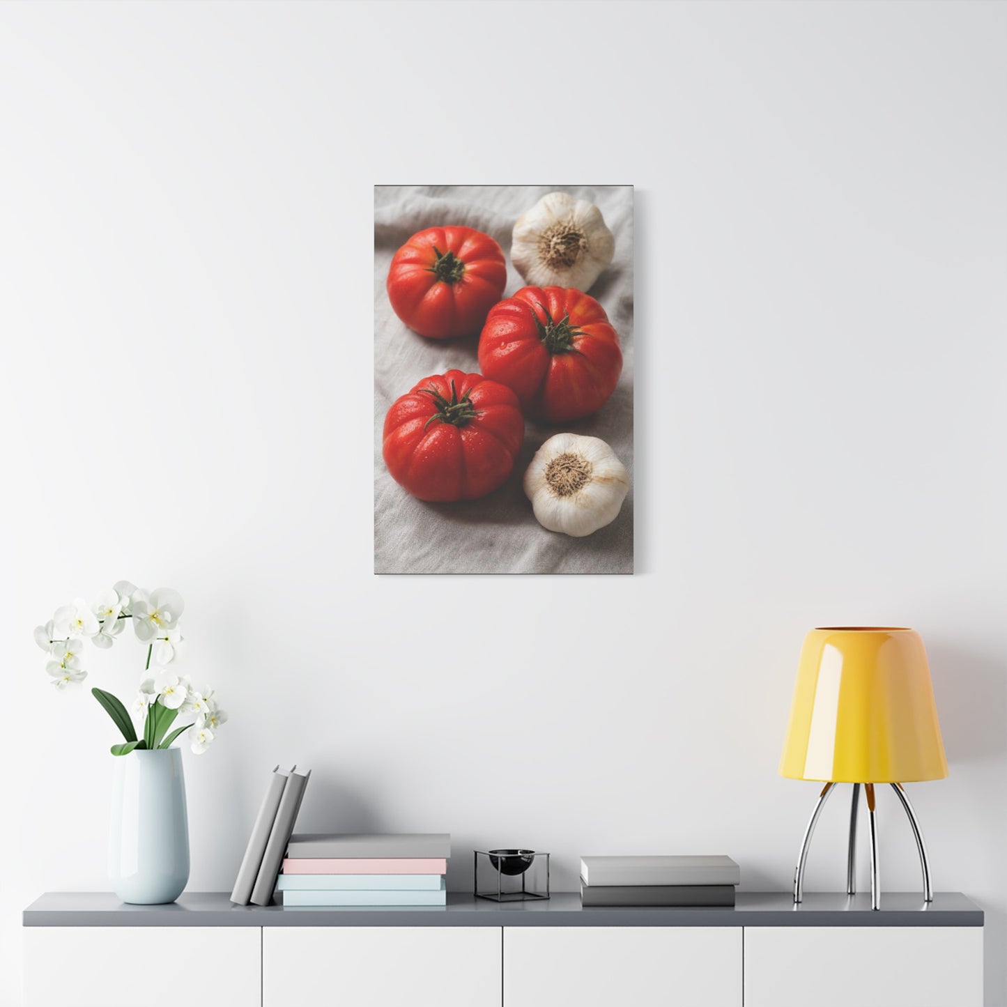 Heirloom Tomato Still Life Canvas Wall Art - Garlic Kitchen Food Art Print - Rustic Matte Canvas Decor - Farmhouse Dining Room Accent, Contemporary Culinary Wall Decor - Modern Farmhouse Style
