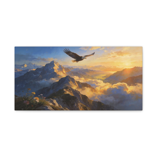 Bald Eagle Canvas Wall Art Mountain Sunrise Landscape - Golden Sky Alpine Peaks, Dramatic Wildlife Vista - Matte Finish Canvas Print - Living Room Wall Decor, Office Art Accent - Ready to Hang