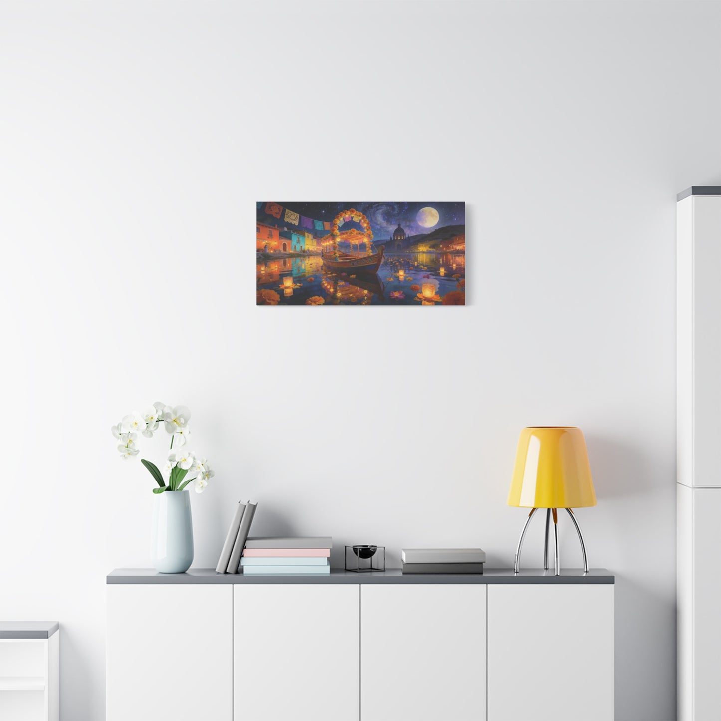 Moonlit Marigold Boat Canvas Wall Art - Colorful Festival Lake Scene, Full Moon Night Sky - Matte Cotton Art Print - Bohemian Living Room Wall Decor, Bedroom Home Decoration - Bedroom Home Decoration