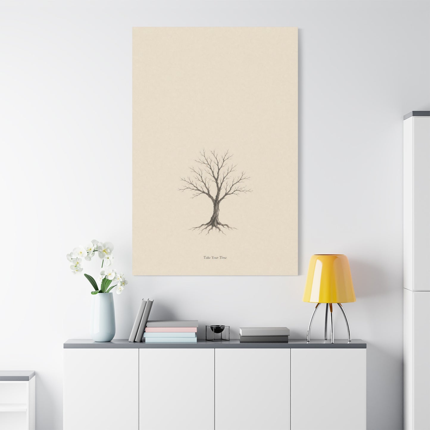 "Take Your Time" Minimalist Tree Canvas Wall Art - Neutral Botanical Print, Beige Contemporary Decor - Matte Cotton Artwork - Bedroom Home Decoration - Living Room Wall Decor - Bedroom Home Decoration