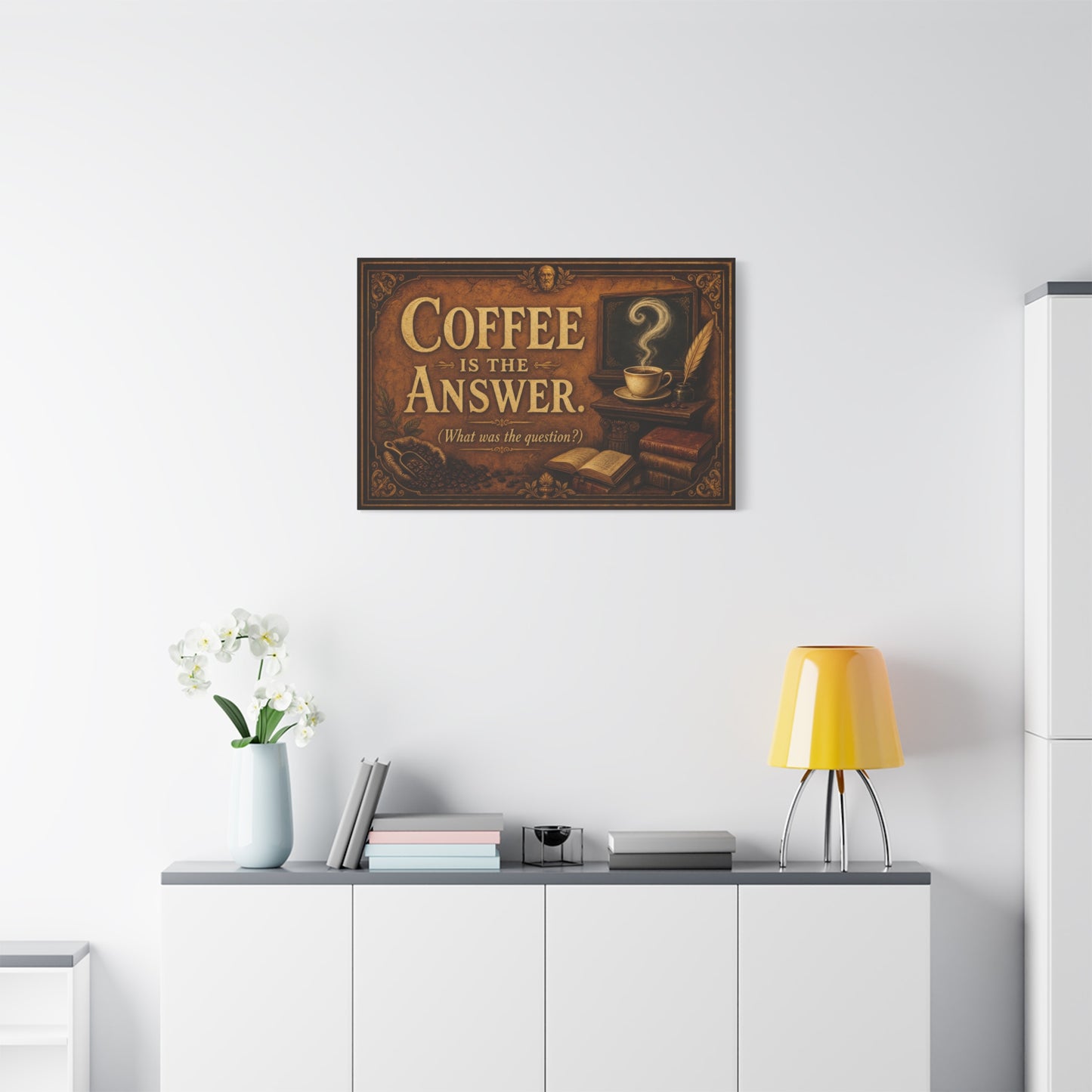 Coffee Is The Answer. What Was The Question Canvas Wall Art - Vintage Coffee Cup, Books, Bean Sack Decor - Rustic Typography Print - Cafe Interior, Study Room Decoration - Cafe Wall Art - Bistro Decor