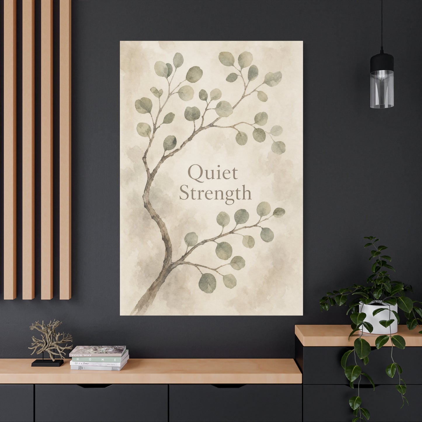 "Quiet Strength" Botanical Canvas Wall Art - Minimalist Sage Leaf Branch Print - Neutral Inspirational Wall Decor - Bedroom Home Decoration, Living Room Accent - Bedroom Home Decoration