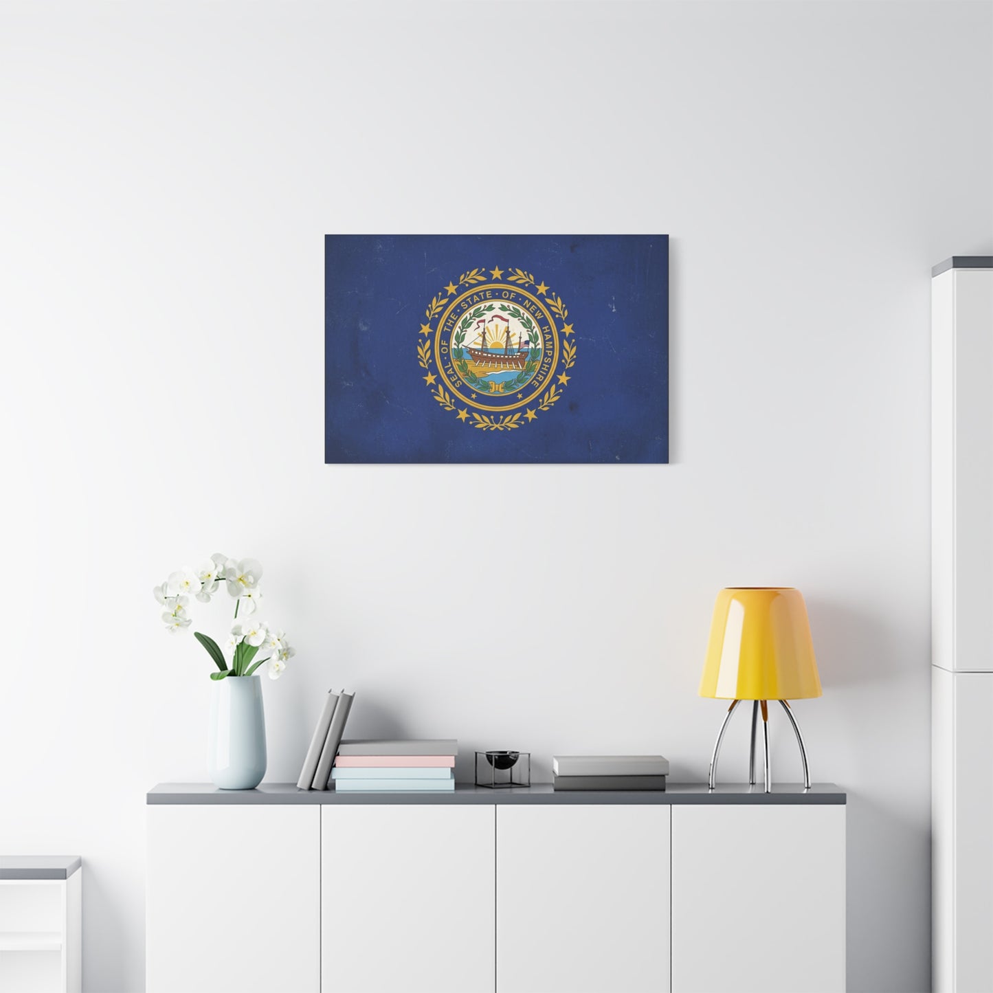 "Seal Of The State Of New Hampshire" Flag Canvas Wall Art - Vintage State Pride Decor, Blue Gold Emblem Print - Rustic Americana Style - Living Room Decoration - Office Wall Art - Ready to Hang