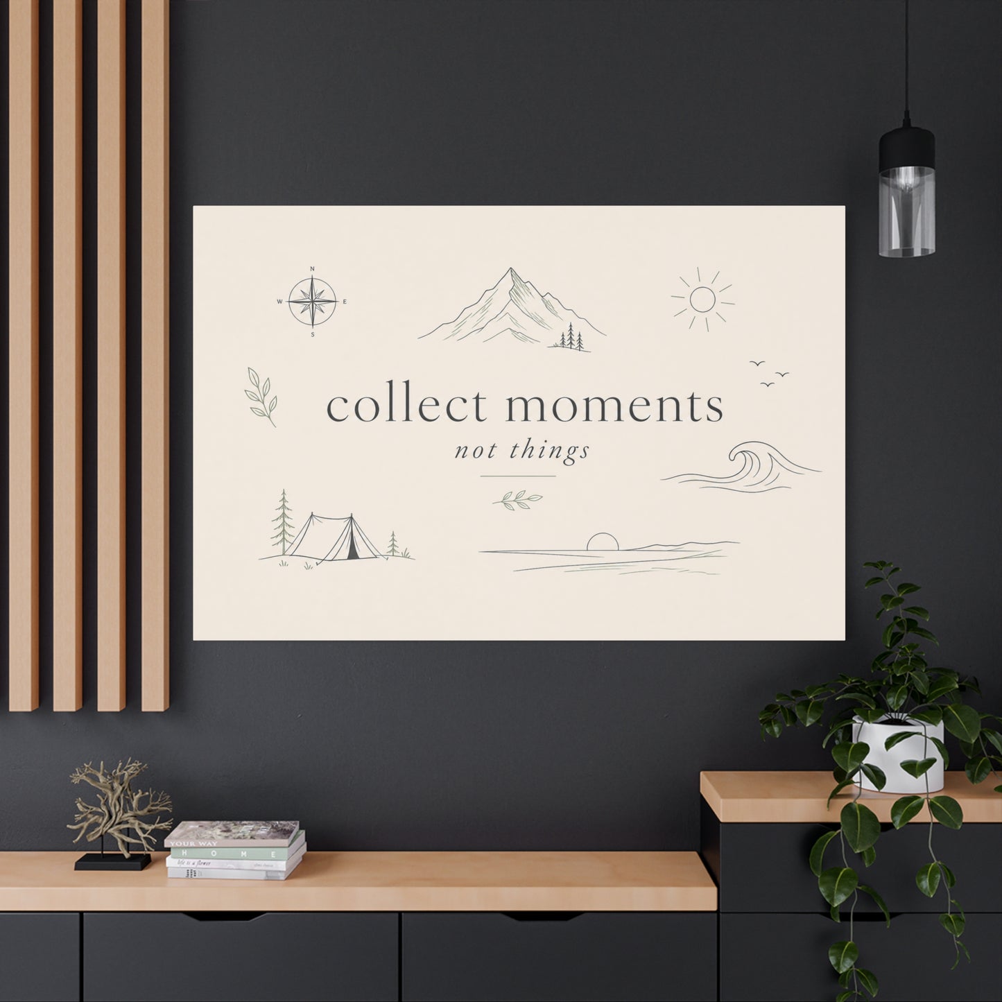 "Collect Moments Not Things" Minimalist Canvas Wall Art - Mountain, Compass, Wave Line Drawing - Neutral Typography Print - Boho Modern Wall Decor For Living Room, Bedroom, Office Accent