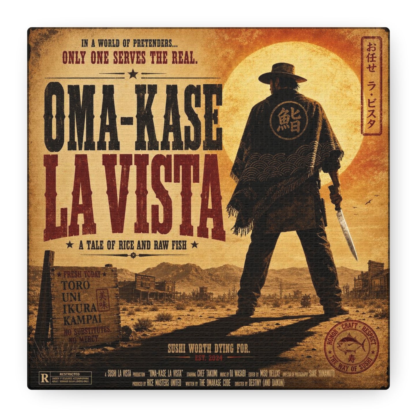 "In A World Of Pretenders... Only One Serves The Real. OMA-KASE LA VISTA" Canvas Wall Art - Vintage Western Sushi Poster, Typography Illustration, Rustic Office Decor, Cafe Accent Print