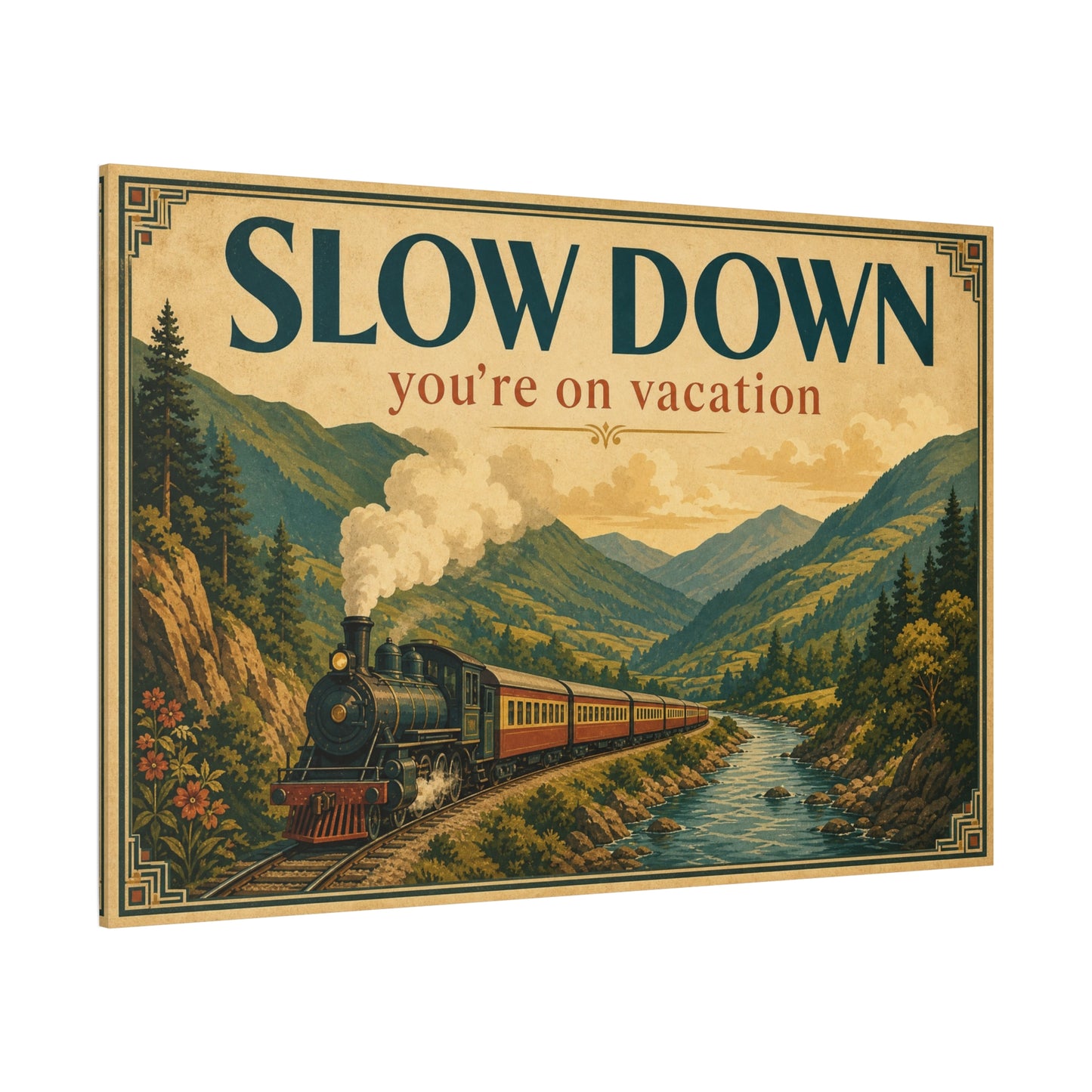 "Slow Down You're On Vacation" Vintage Train Canvas Wall Art - Mountain River Travel Poster Style, Retro Landscape Home Decor - Rustic Cabin Living Room Decoration, Vacation Rental Accent