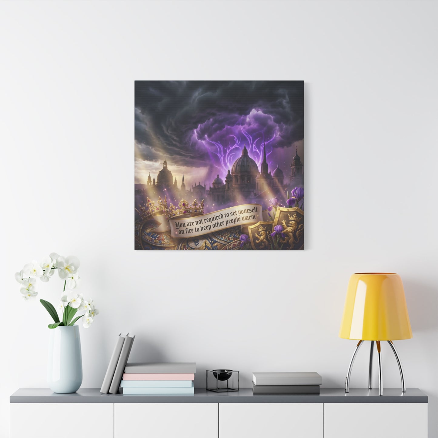 "You Are Not Required To Set Yourself On Fire" Canvas Wall Art - Gothic Castle Quote Decor, Purple Storm Sky, Crown And Iris Fantasy Print - Bedroom Home Decoration, Living Room Accent - Ready to Hang