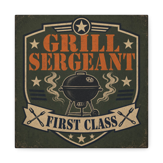 "Grill Sergeant First Class" BBQ Canvas Wall Art - Vintage Grill Badge Sign, Rustic Patriotic Kitchen Decor, Retro Barbecue Poster Style, Man Cave Wall Decor - Ready to Hang - Bedroom Home Decoration