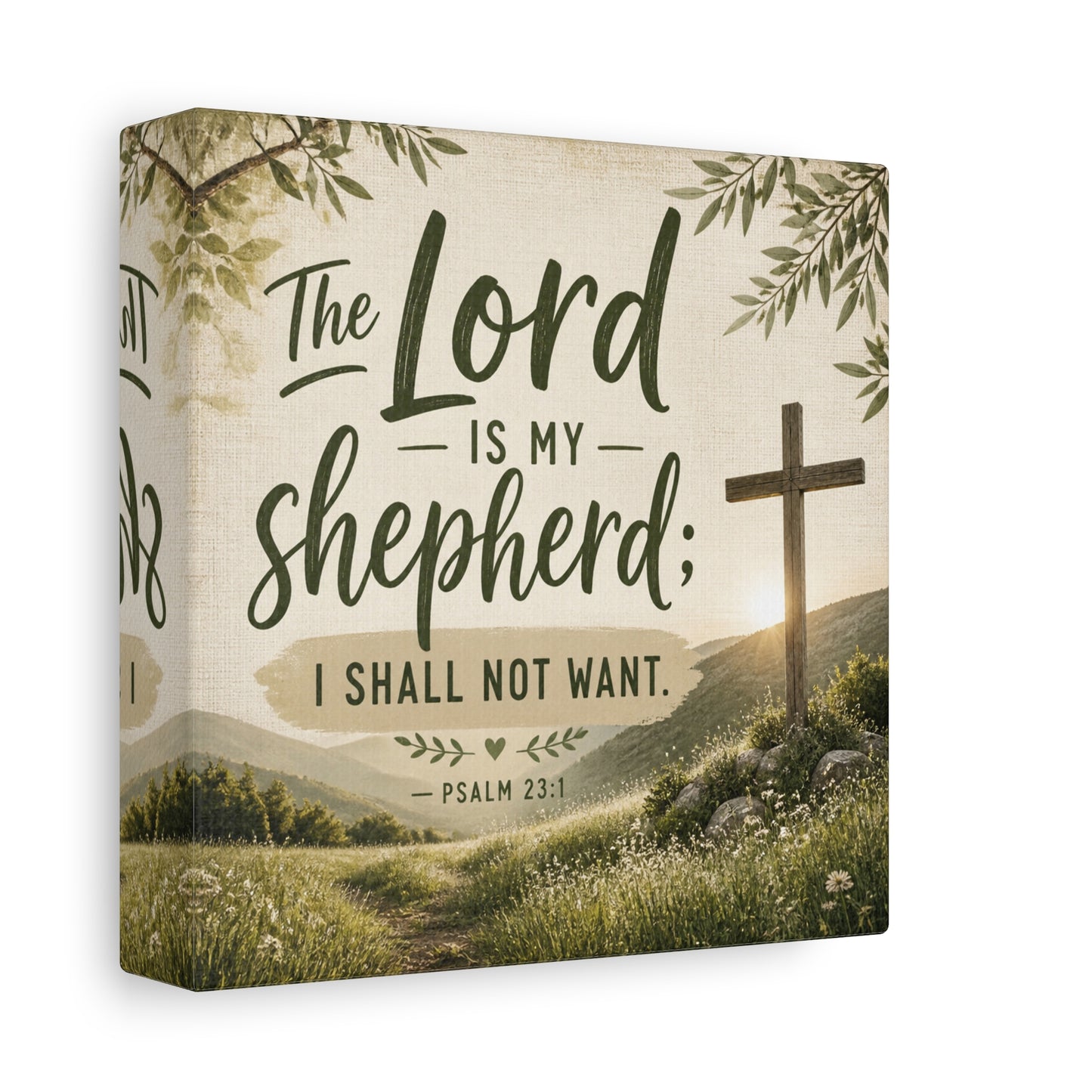 "The Lord Is My Shepherd, I Shall Not Want. - Psalm 23:1" Christian Canvas Wall Art - Rustic Cross Meadow Landscape, Farmhouse Scripture Decor, Bedroom Living Room Wall Hanging - Ready to Hang