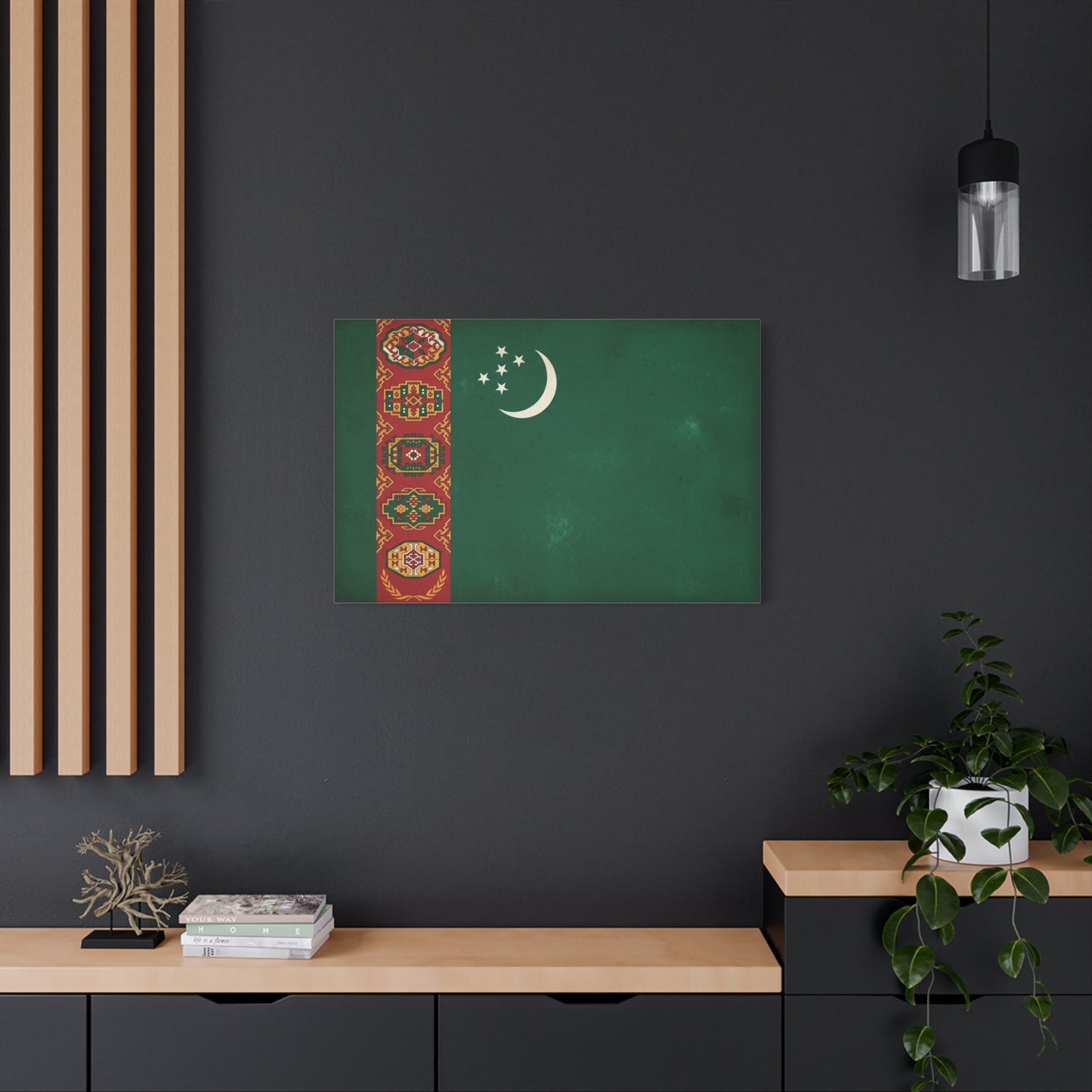 Turkmenistan Flag Canvas Wall Art - Vintage Nation Banner Print, Green Crescent Stars, Heritage Decor - Traditional Style - Living Room Wall Decor, Bedroom Home Decoration - Bedroom Home Decoration