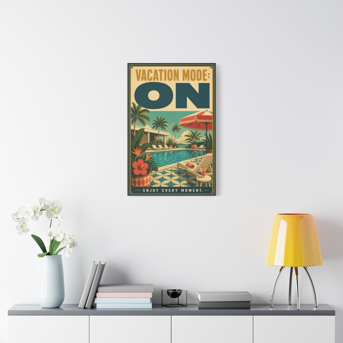"Vacation Mode: On" Tropical Poolside Canvas Wall Art - Retro Resort Poster Print, Palm Tree Coastal Decor, Vintage Travel Style, Living Room Wall Decor, Vacation Rental Decoration - Ready to Hang