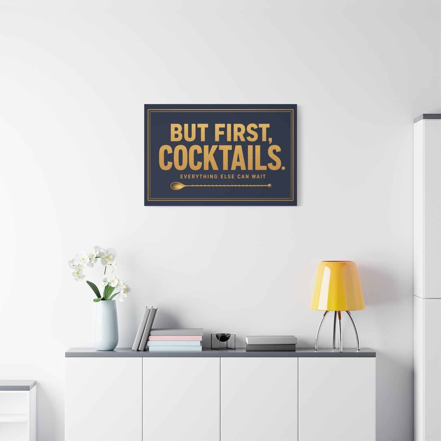 "But First, Cocktails. Everything Else Can Wait" Canvas Wall Art - Navy And Gold Typography Bar Decor - Modern Cocktail Lounge Print - Ready to Hang