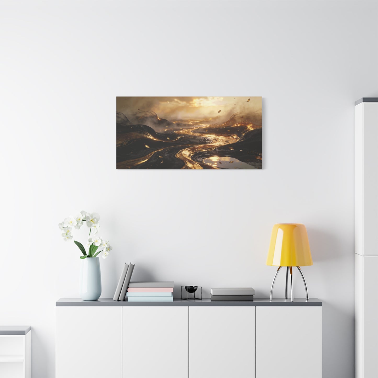 Abstract Gold River Canvas Wall Art - Luminous Flowing Landscape, capiz shells wall decor - Matte Cotton Print, Contemporary Style - Living Room Wall Decor, Bedroom Home Decoration - Ready to Hang