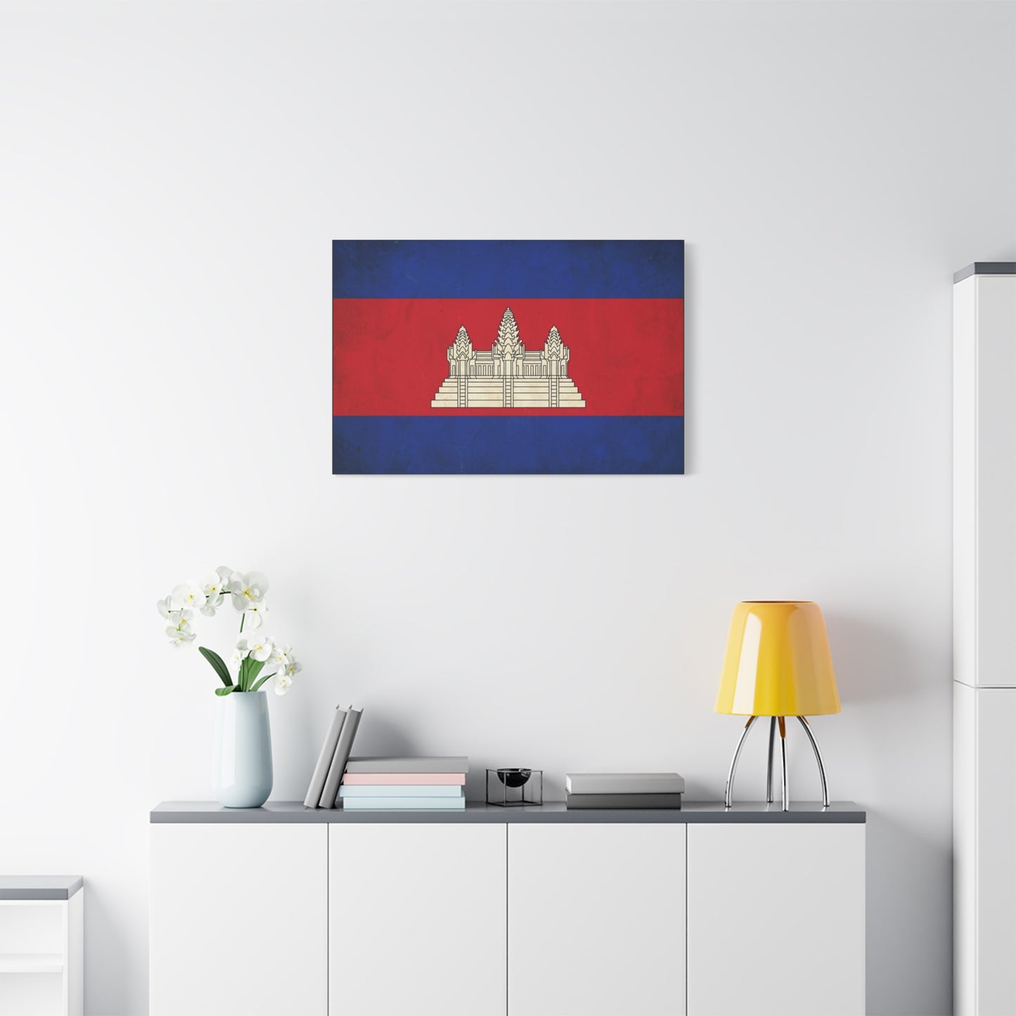 Cambodia Flag Canvas Wall Art - Khmer Temple Emblem Patriotic Print, Vintage National Decor - Textured Red Blue Banner Style - Living Room Wall Decor - Bedroom Home Decoration - Modern Farmhouse Style