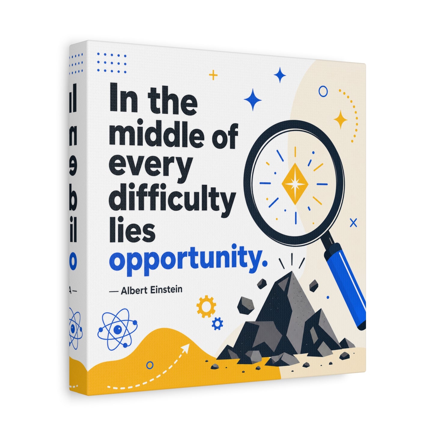 "In The Middle Of Every Difficulty Lies Opportunity." Einstein Canvas Wall Art - Motivational Quote Print, Blue Yellow Modern Typography, Office Decor, Classroom Inspiration, Study Room Accent
