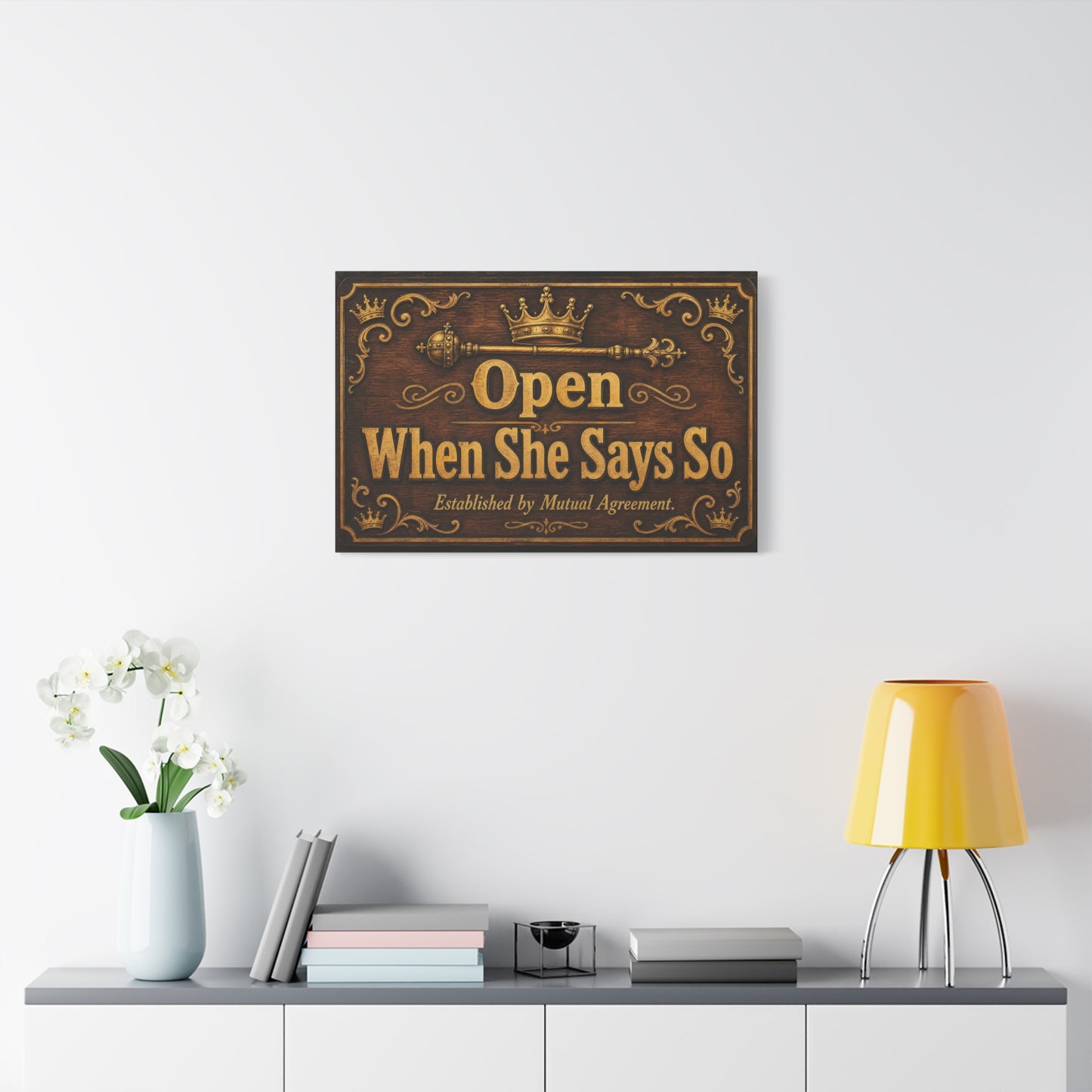 "Open When She Says So" Canvas Wall Art - Vintage Crown Scepter Typography Sign - Rustic Brown Gold Humor Decor - Man Cave Living Room Wall Decor - Bedroom Home Decoration - Bedroom Home Decoration