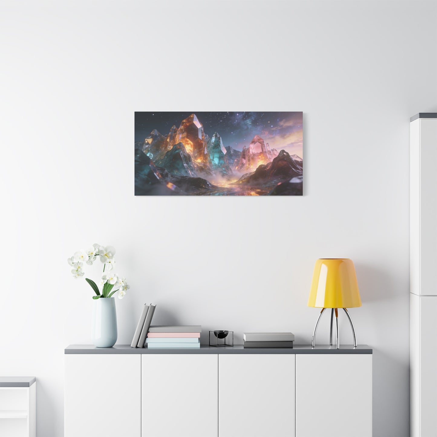 Crystal Mountain Canvas Wall Art - Surreal Glass Peaks, Luminous Cosmic Landscape - Matte Cotton Print, Contemporary Fantasy Style - Living Room Wall Decor, Bedroom Home Accent - Cozy Reading Nook Art