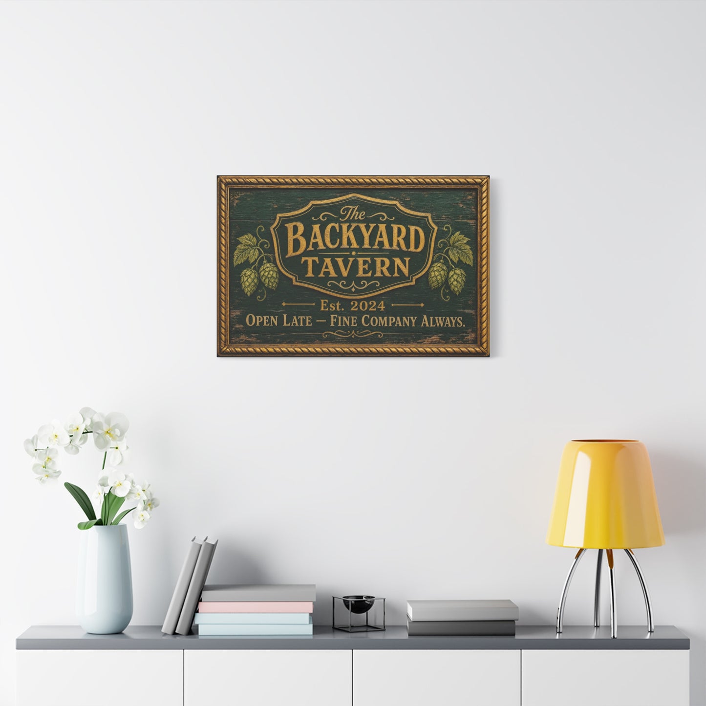 "The Backyard Tavern" Canvas Wall Art - Vintage Pub Sign, Rustic Typography Decor - Green And Gold Tavern Style Print, Bar Room Wall Decor - Ready to Hang - Ready to Hang - Speakeasy Style Sign