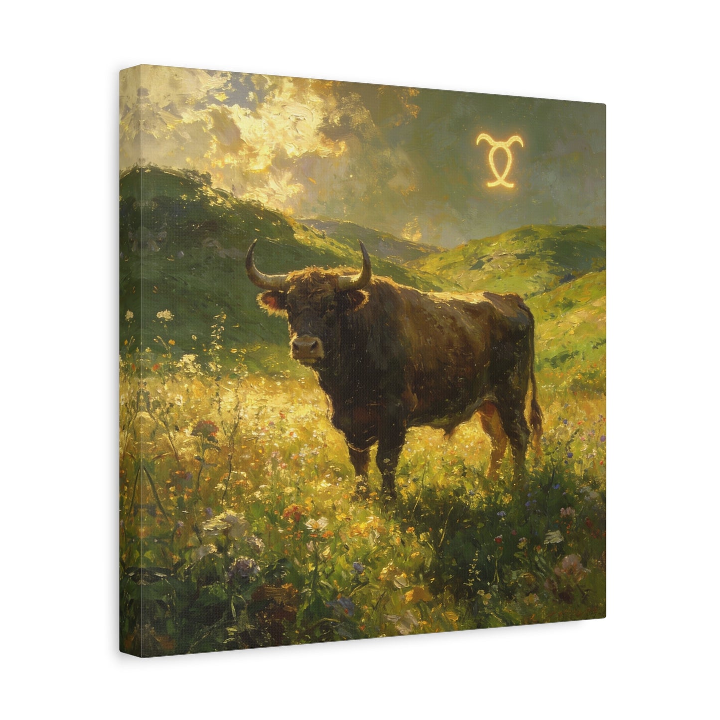 Taurus Bull Canvas Wall Art - Golden Meadow Landscape Painting, Zodiac Symbol, Rustic Contemporary Cotton Canvas Print, Living Room Wall Decor, Bedroom Home Decoration, Office Art Accent