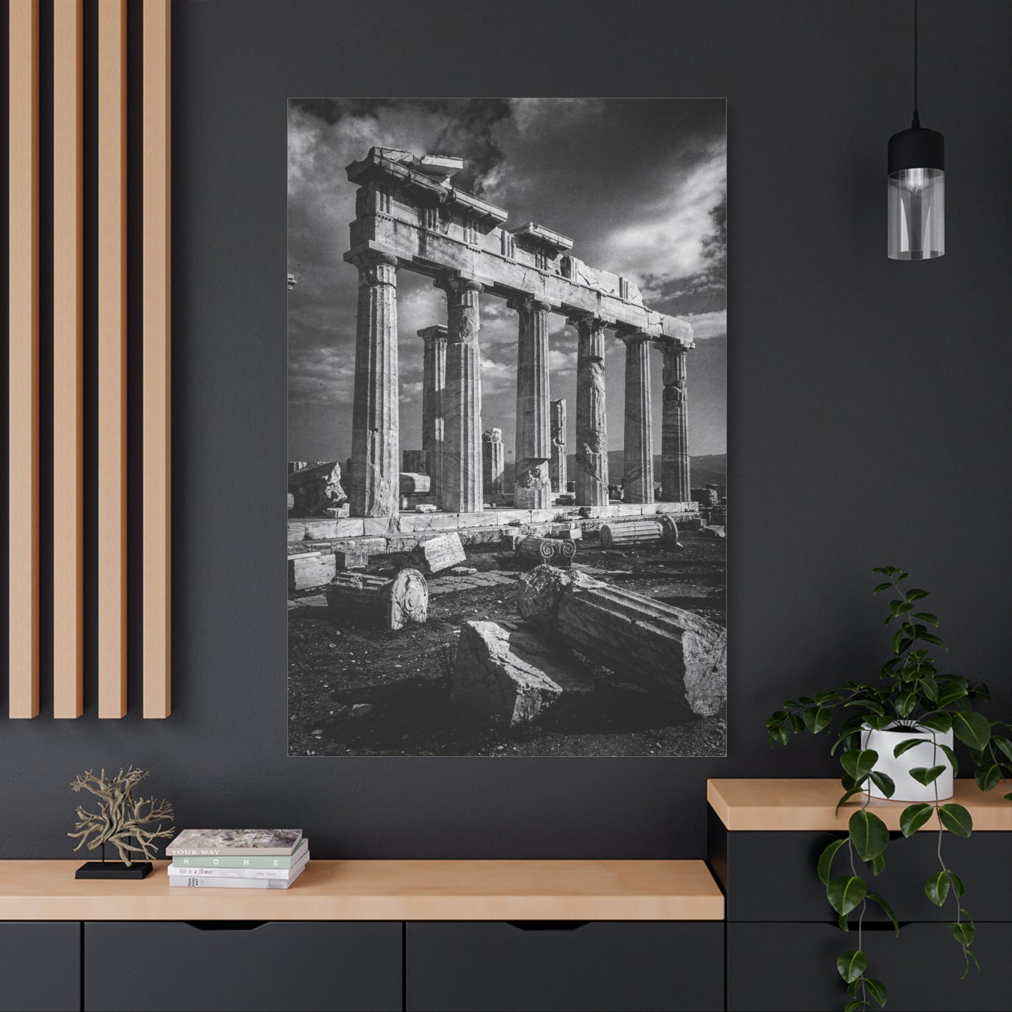 Ancient Greek Temple Ruins Canvas Wall Art - Black And White Architectural Art Print, Dramatic Sky, Vintage Classical Style - Living Room Wall Decor, Office Art Accent - Modern Farmhouse Style