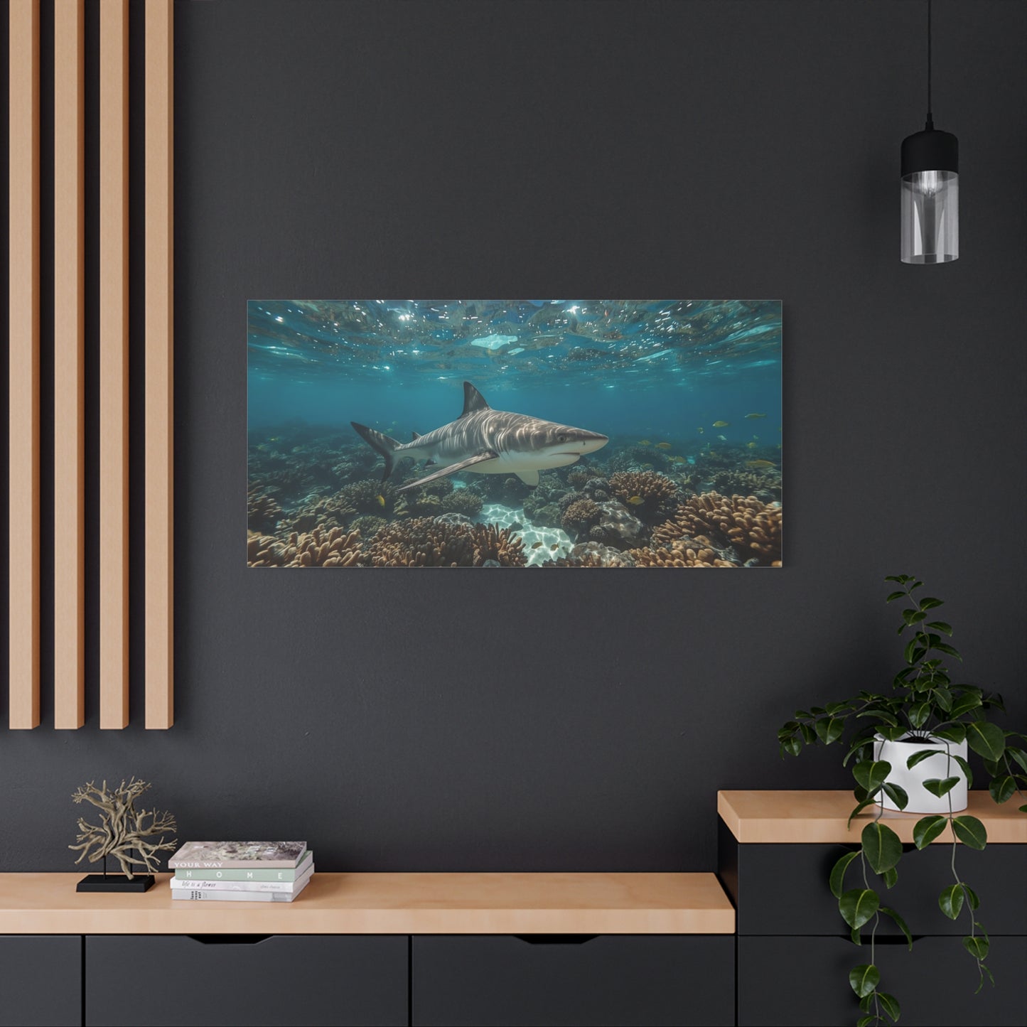 Tiger Shark Canvas Wall Art - Underwater Coral Reef Ocean Art Print, Blue Coastal Wall Decor - Matte Canvas Seascape - Living Room Home Decoration, Office Art - Bedroom Home Decoration