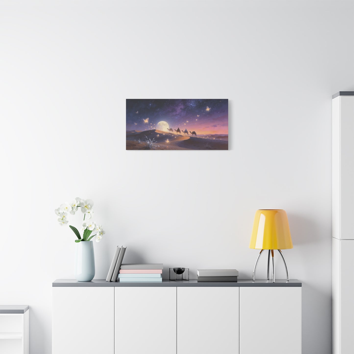 Moonlit Desert Camel Caravan Canvas Wall Art - Starry Night Butterflies, Dreamy Landscape Print - Ethereal Contemporary Style - Living Room Wall Decor, Bedroom Home Decoration - Modern Farmhouse Style
